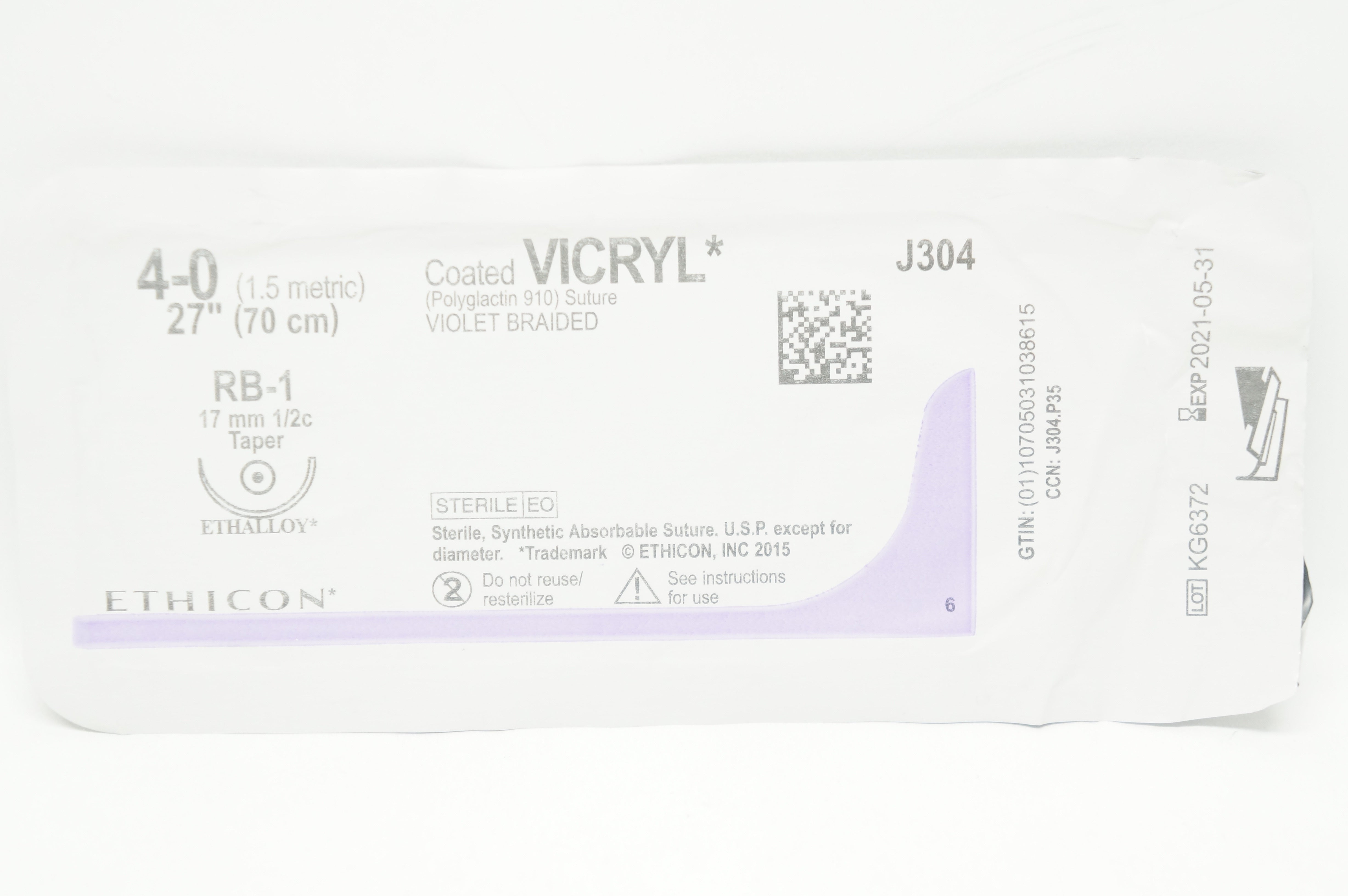 Ethicon J304H 4-0 Coated VICRYL  RB-1 17mm 1/2c Taper 27in(x)