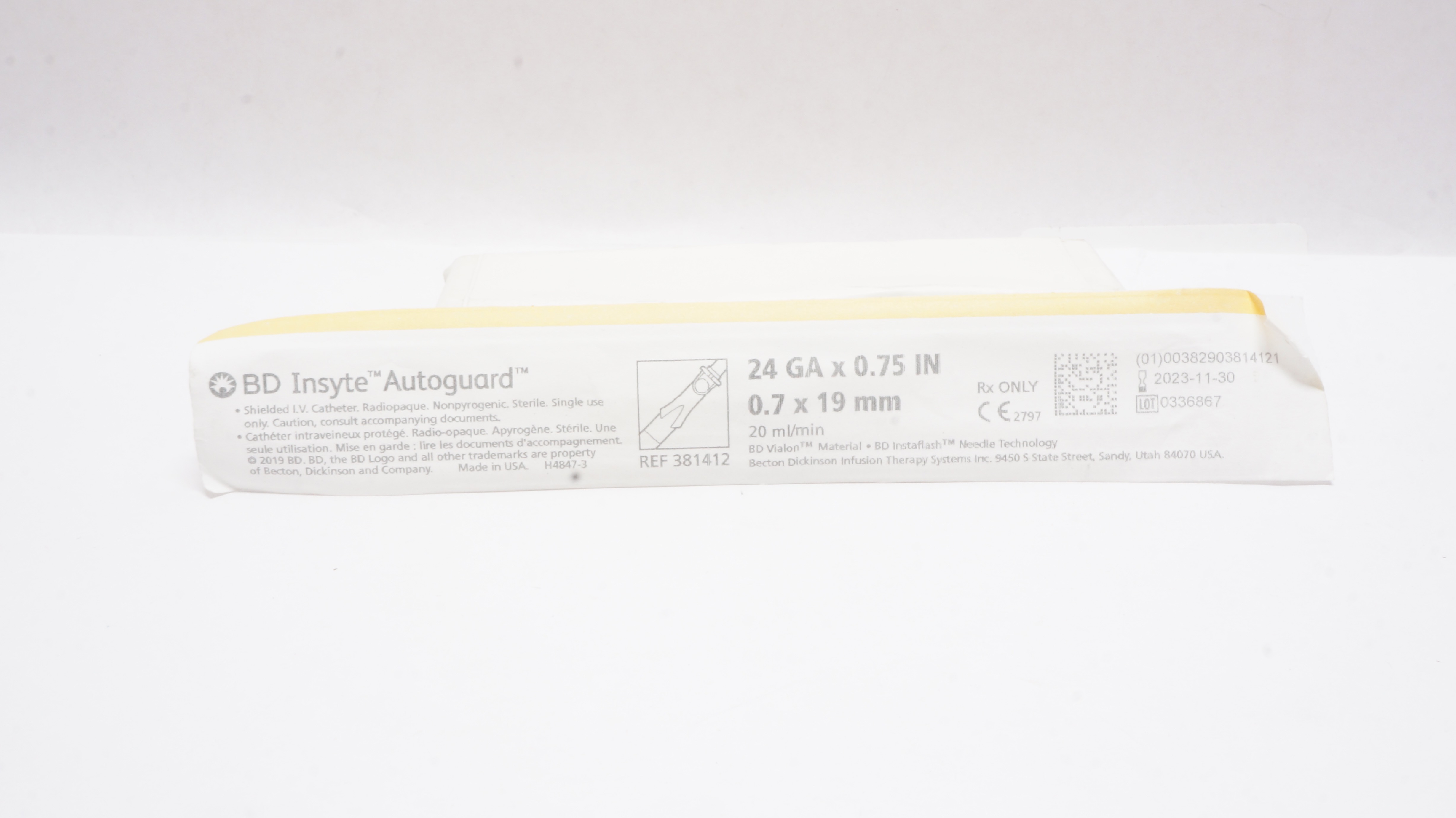 BD 381412 BD Insyte Autoguard Shielded I.V. Cath. 24Ga x 0.75 inch x 20ml/min(x)