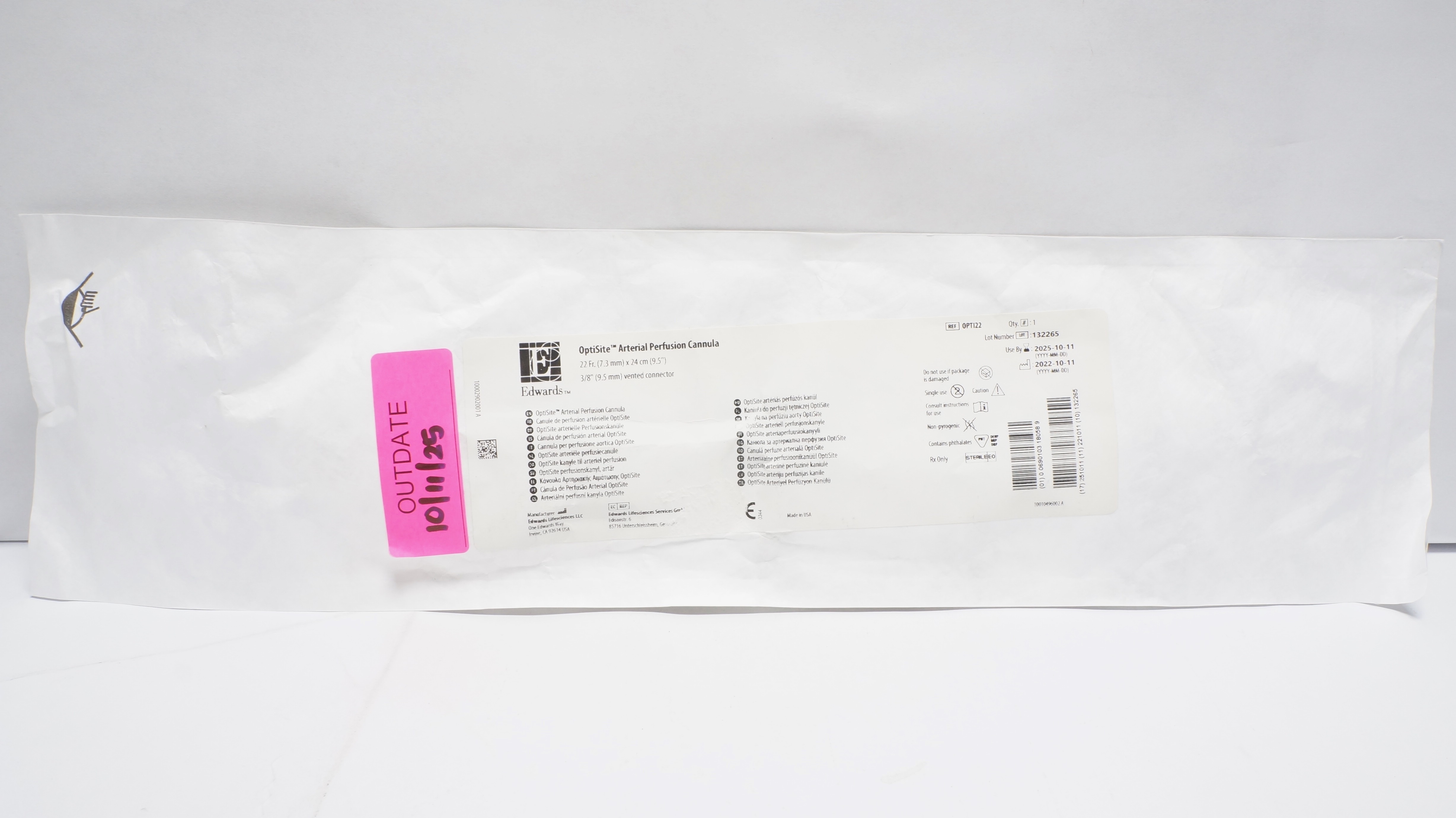 Edwards Lifesciences OPTI22 Arterial Perfusion Cannula 22Fr x 24cm, 3/8inch
