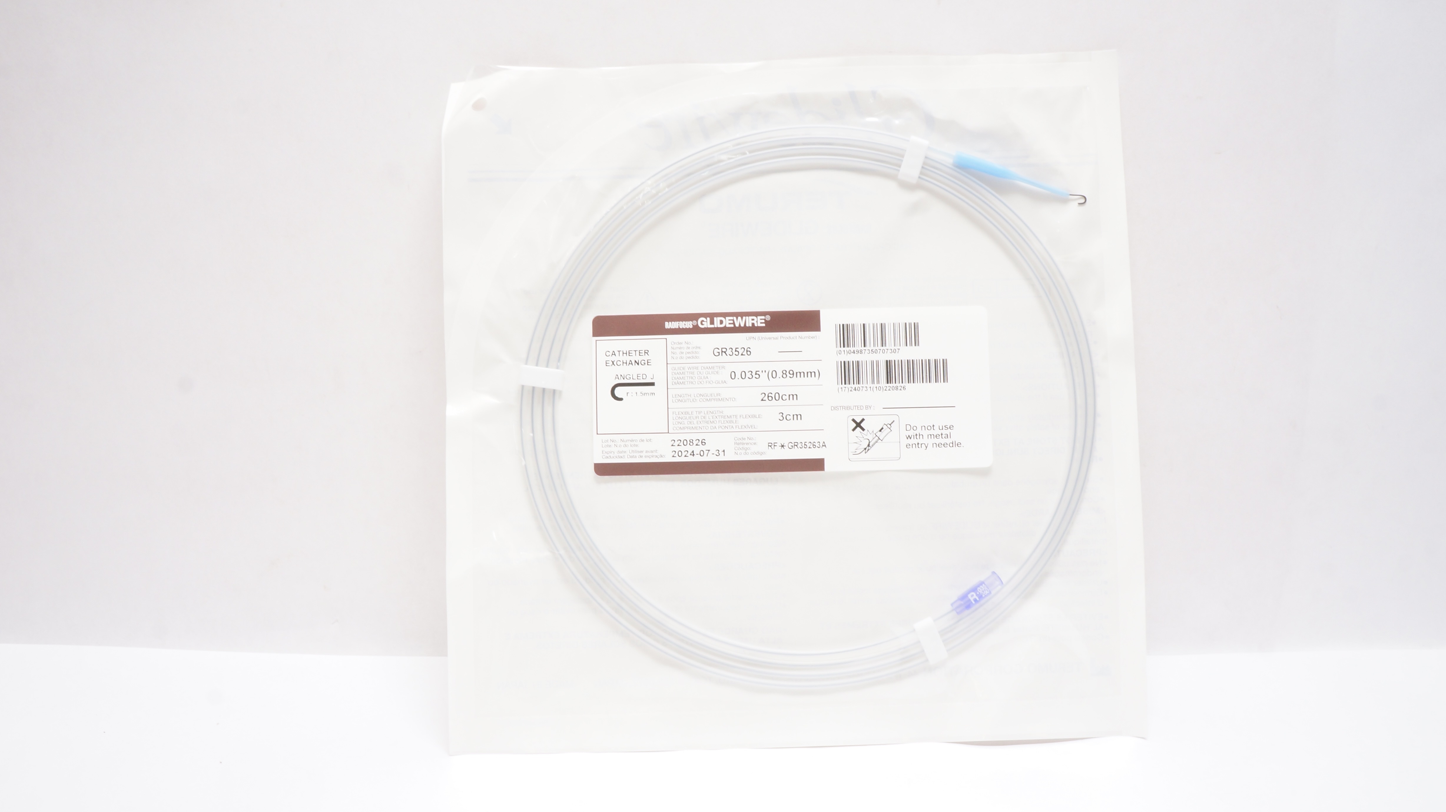 Terumo GR35263A Glidewire Cath. Exchange Angled J, 0.035inch x 260cm x 3cm