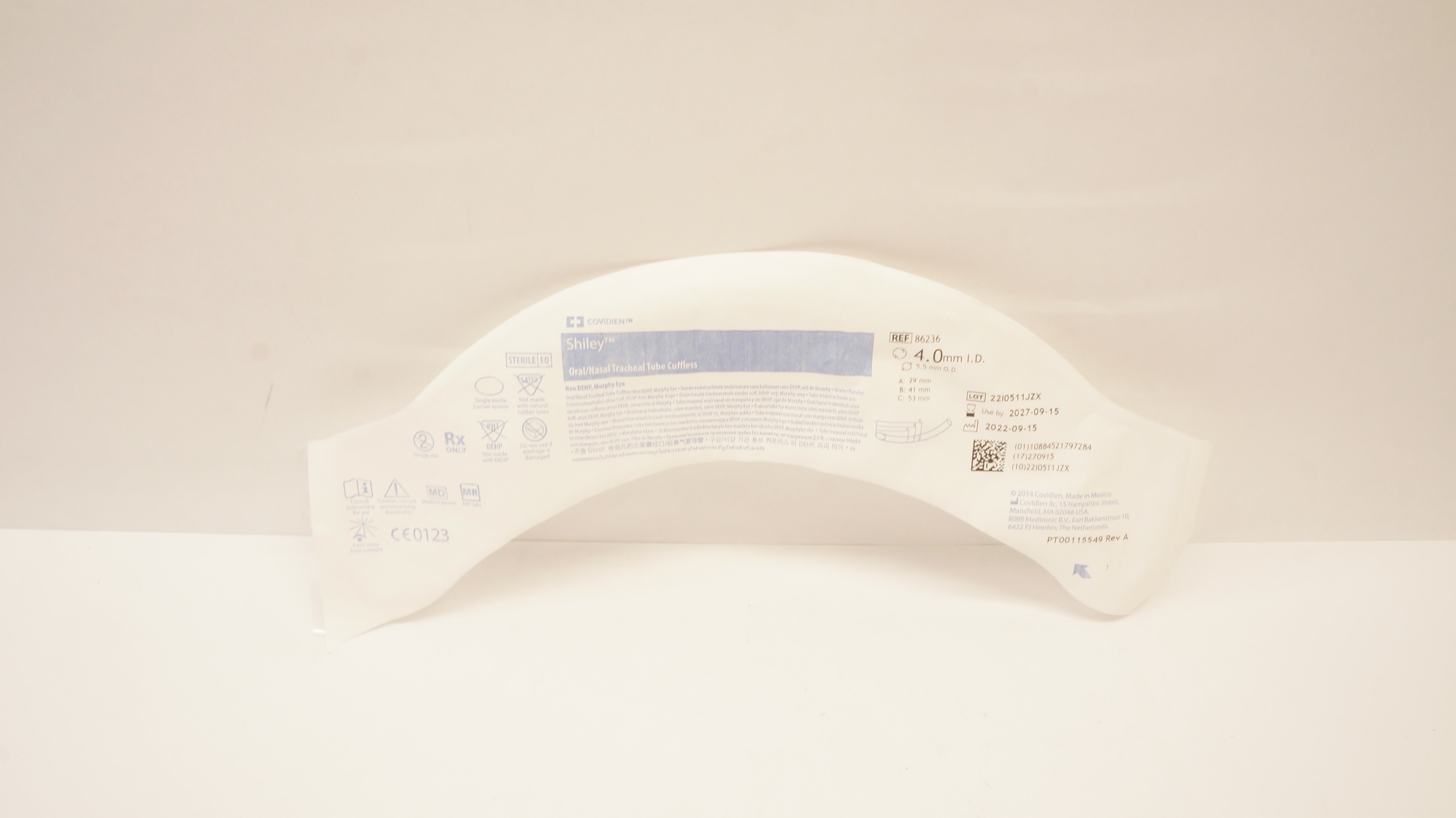 Covidien 86236 Shiley Oral/Nasal Tracheal Tube Cuffless 4.0m ID x 5.5mm OD