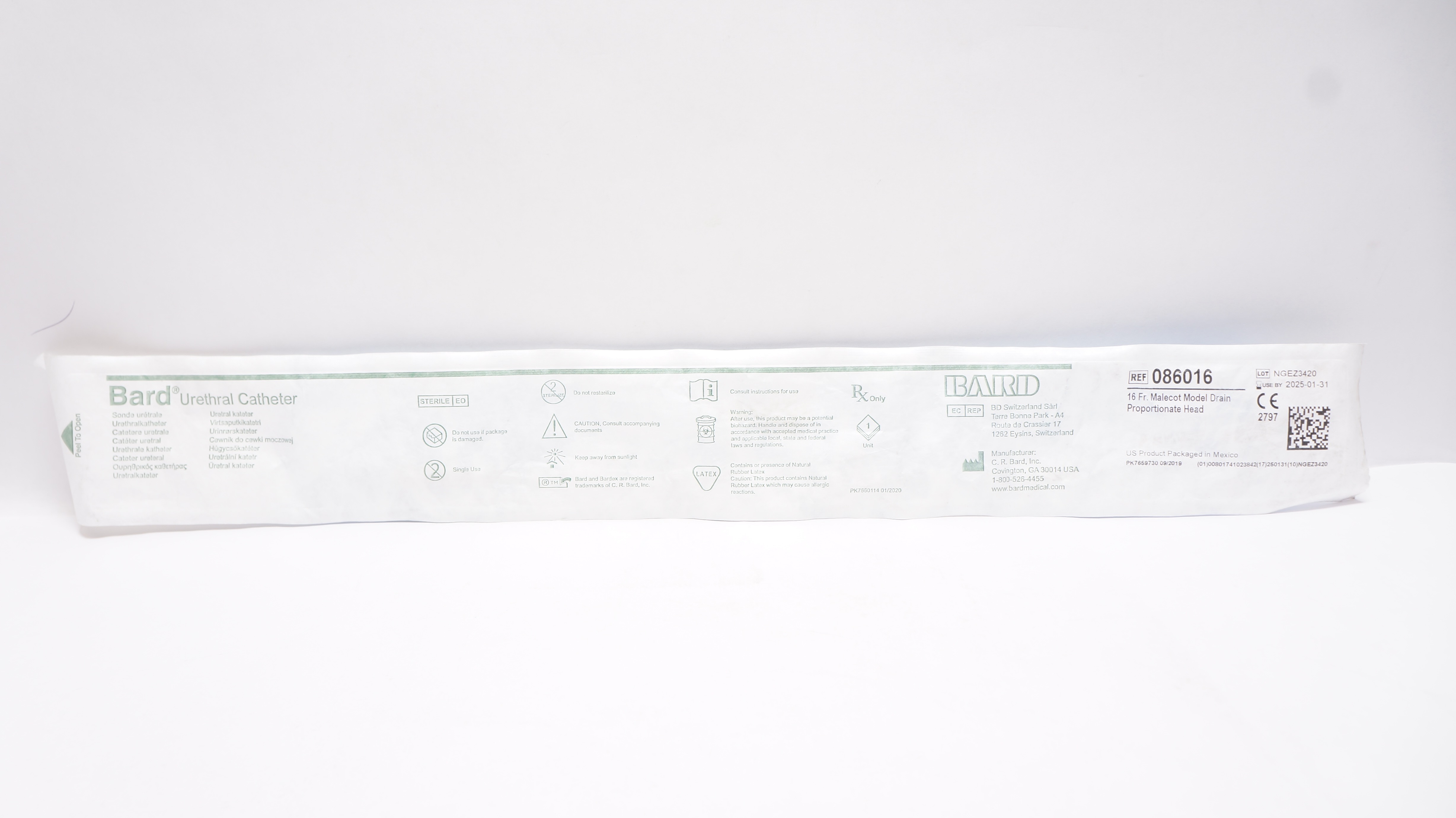 Bard 086016 Urethral Cath. 16Fr. Malecot Model Drain Proportionate Head