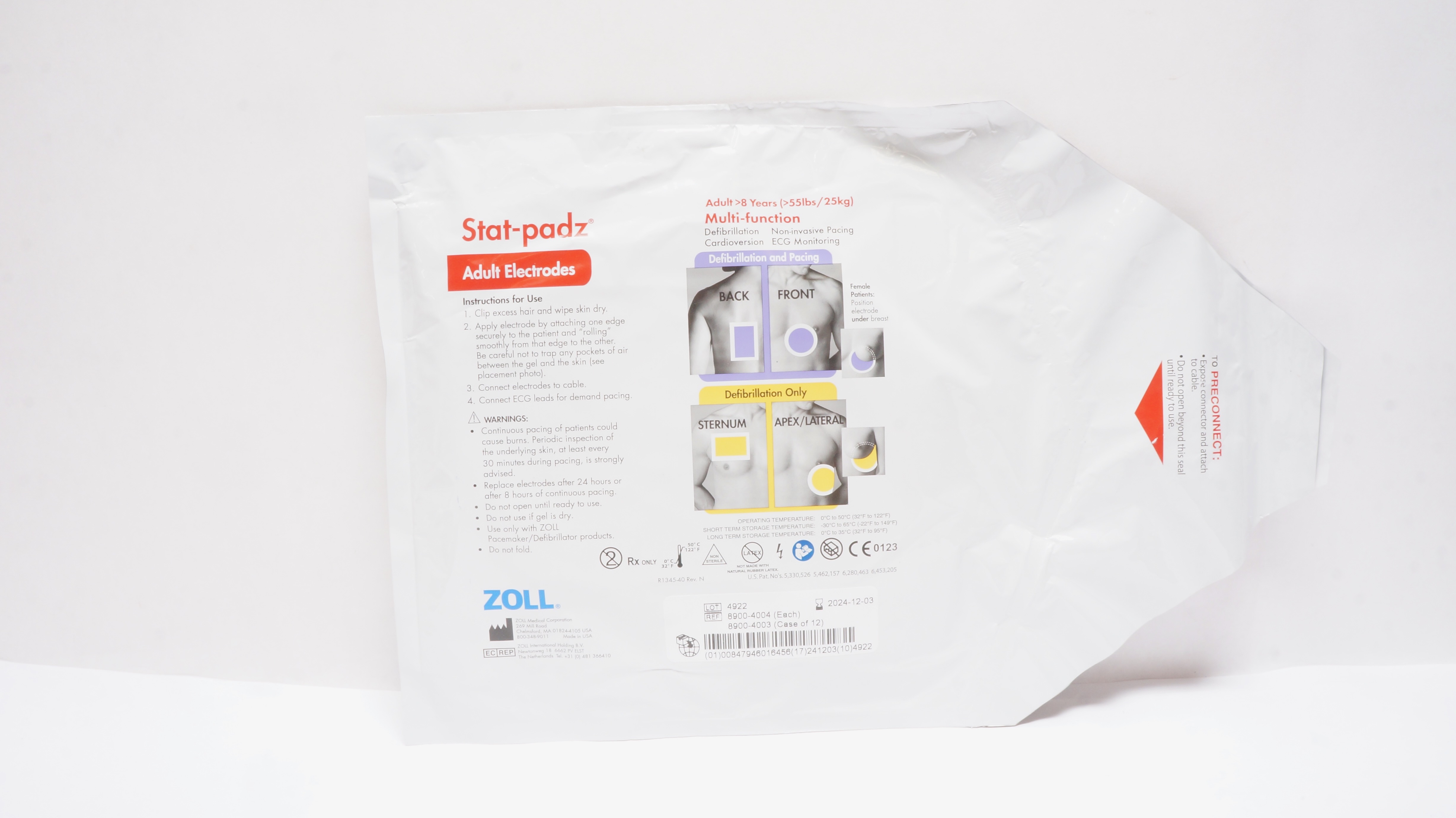 Zoll 8900-4004 Stat-padz Multi-Function Adult Electrodes >8 Years >55 lbs