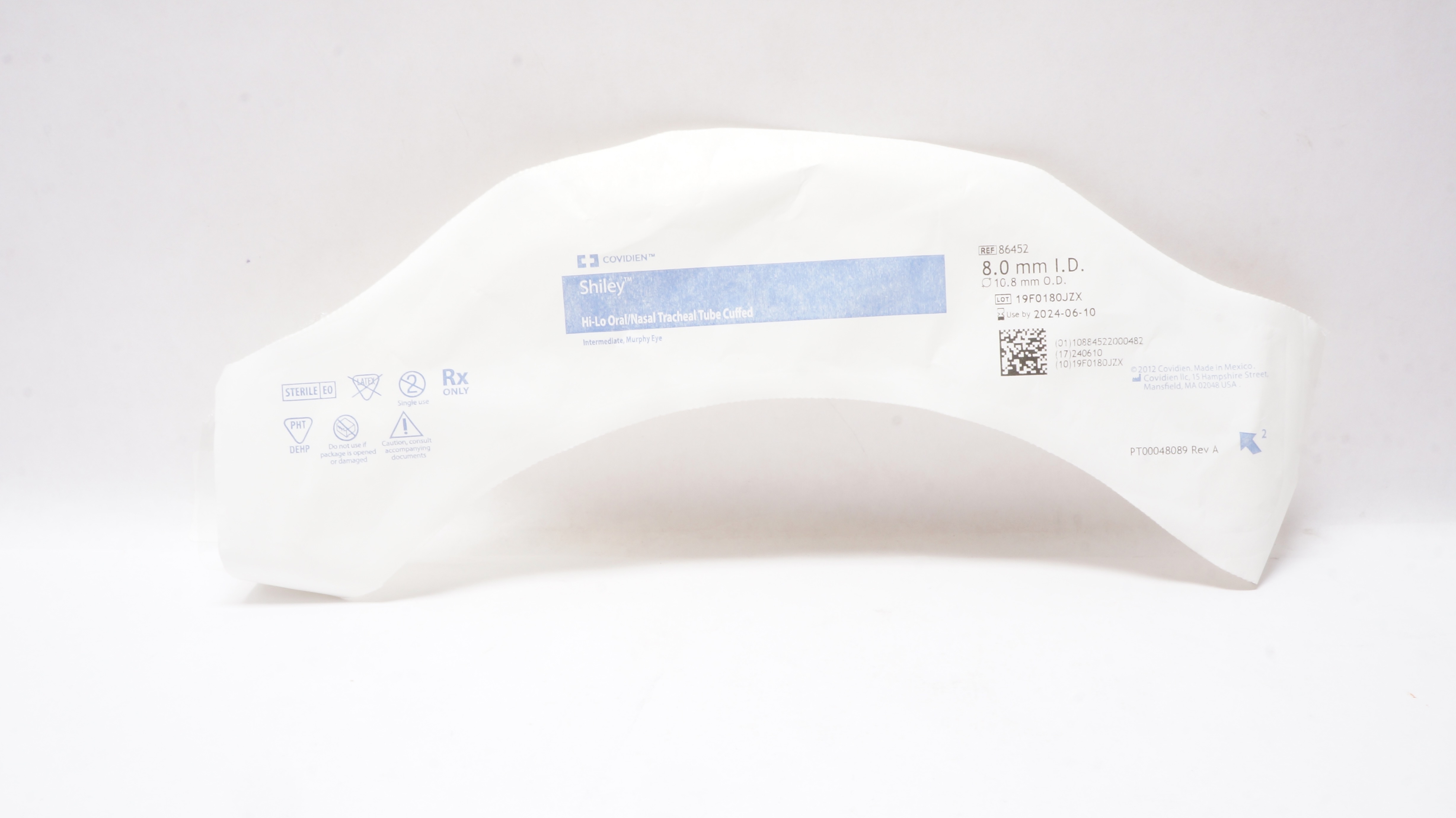 Covidien 86452 Shiley Hi-Lo Oral/Nasal Tracheal Tube Cuffed 8.0mm ID x 10.8mm OD
