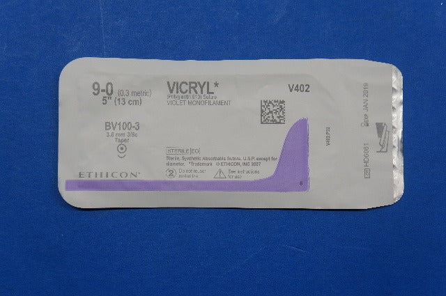Ethicon V402 9-0 VICRYL, BV100-3 3/8mm 3/8c Taper, Violet Monofilament, 5inch