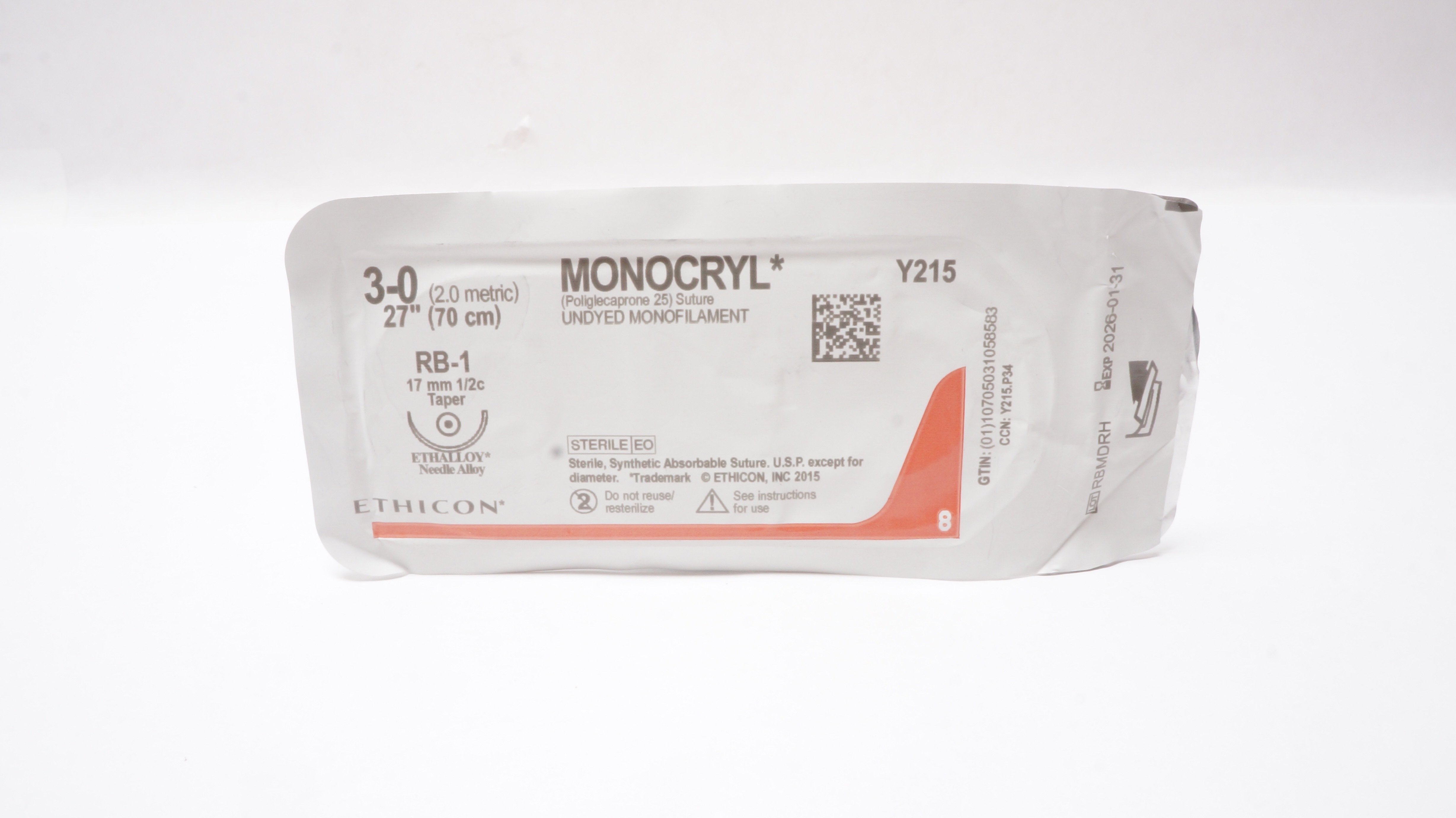 Ethicon Y215 3-0 MONOCRYL, RB-1, 17mm 1/2c Taper, 27 inch