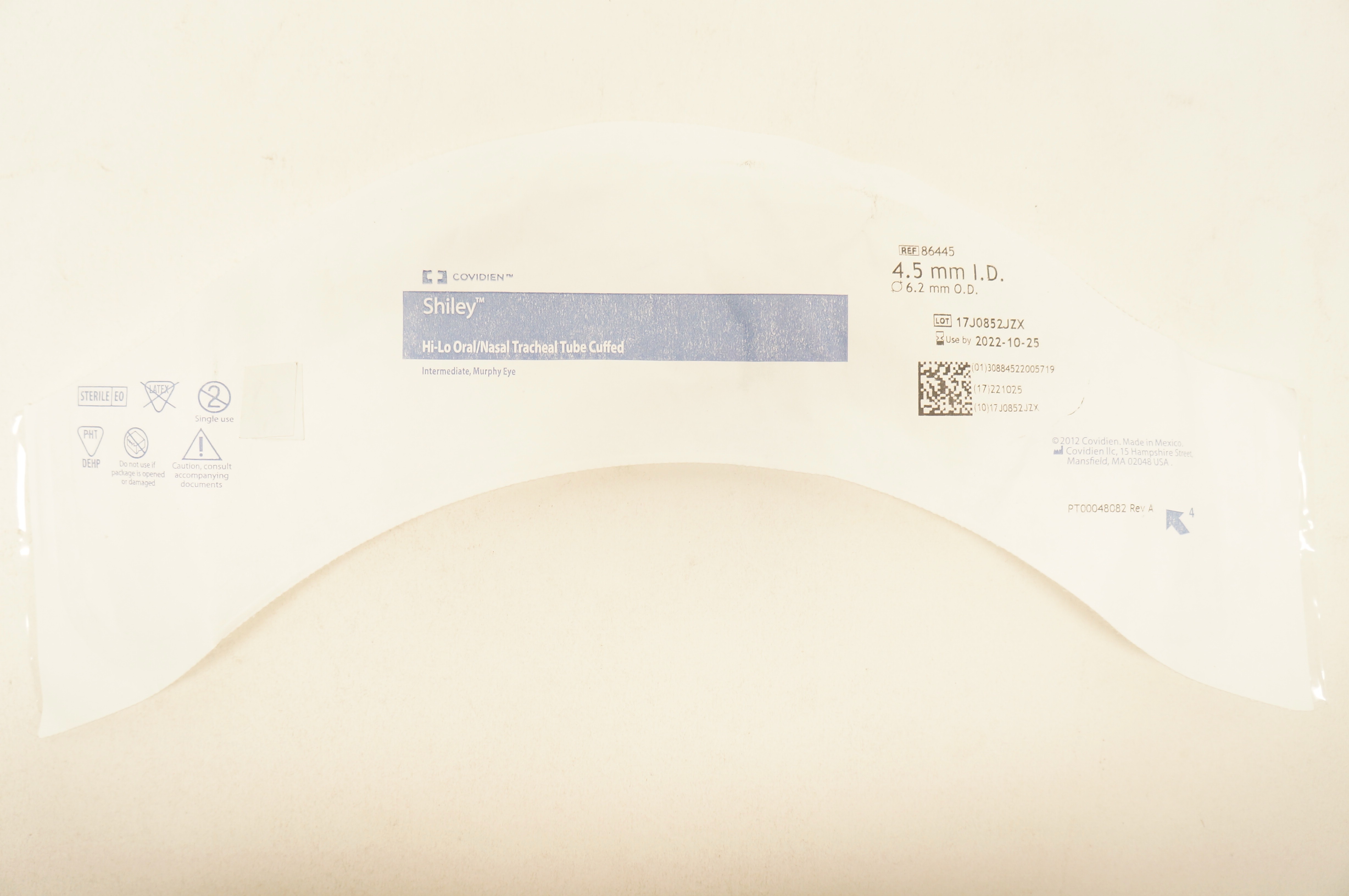 Covidien 86445 Shiley Hi-Lo Oral/Nasal Tracheal Tube Cuffed 4.5ID x 6.2mm OD(x)