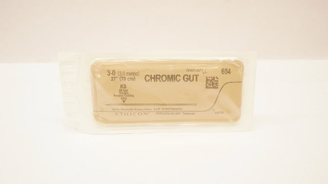 Ethicon 654 3-0 Chromic Gut, KS, 60mm Straight Reverse Cutting, 27inch (x)