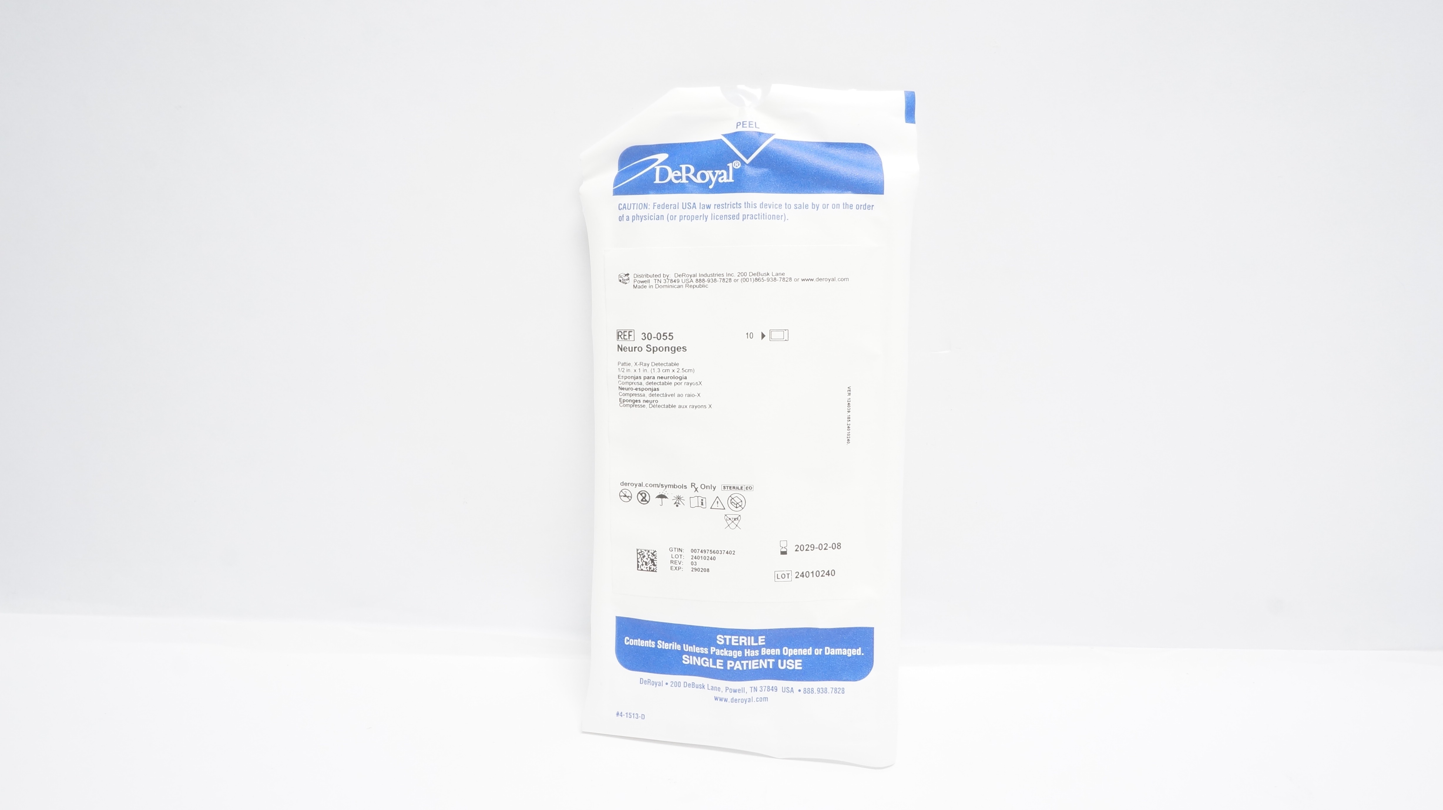 DeRoyal 30-055 Neuro Sponges 1/2In x 1In - Pack of 10