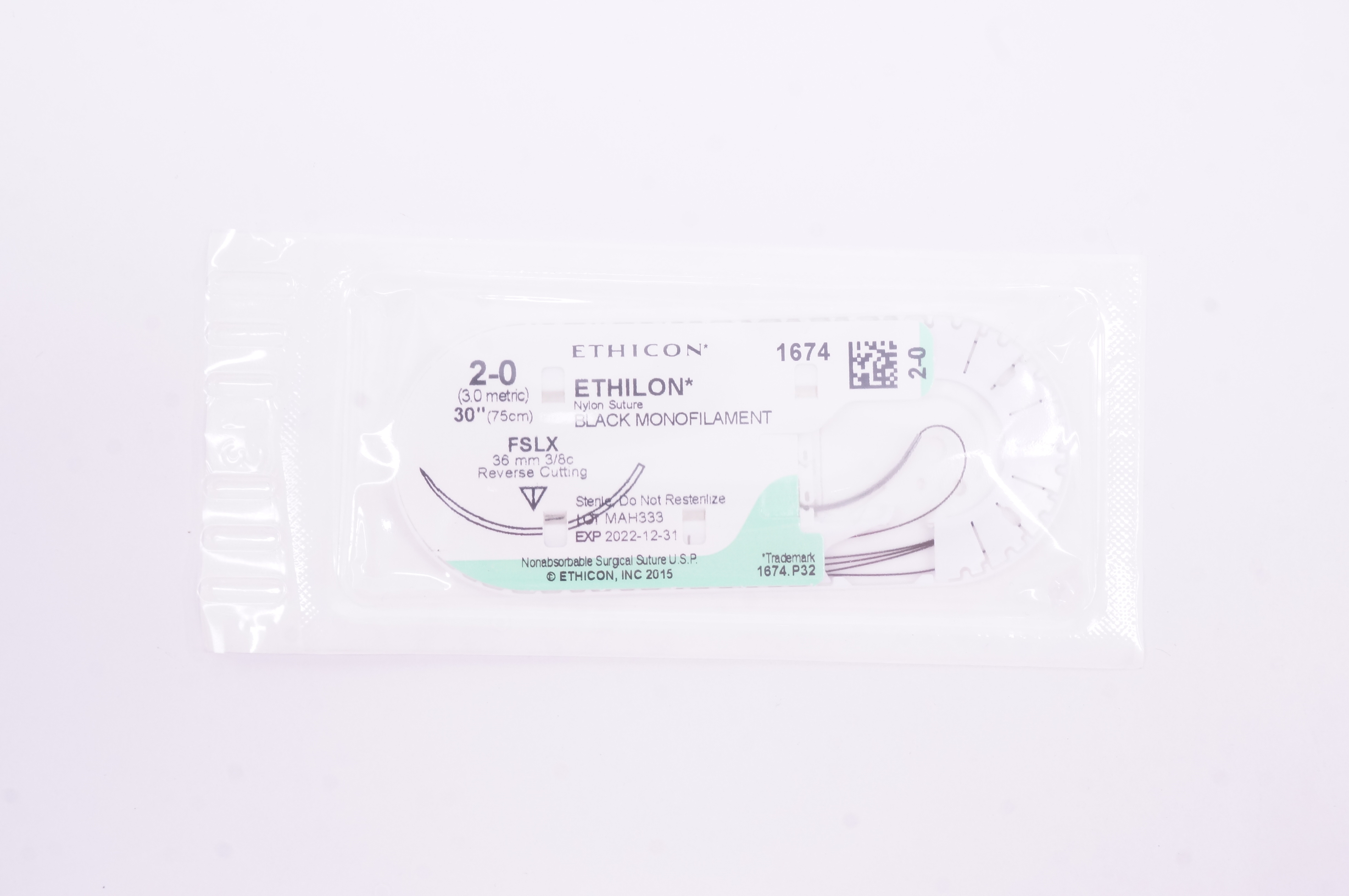 Ethicon 1674 2-0 ETHILON, FSLX, 36mm 3/8c Reverse Cutting, 30inch