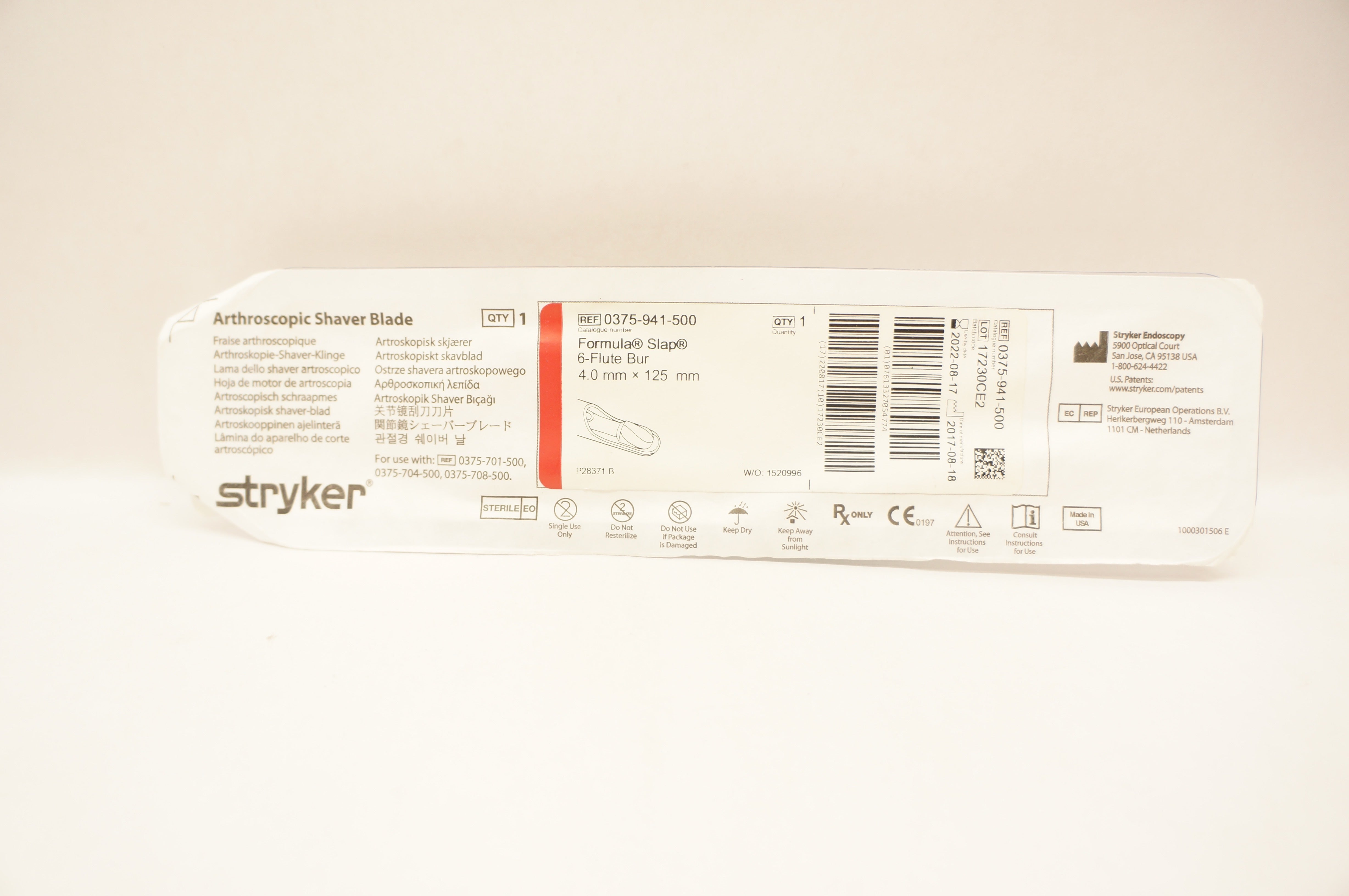 Stryker 0375-941-500 Formula Slap 6-Flute Bur 4.0mm x 125mm (x)