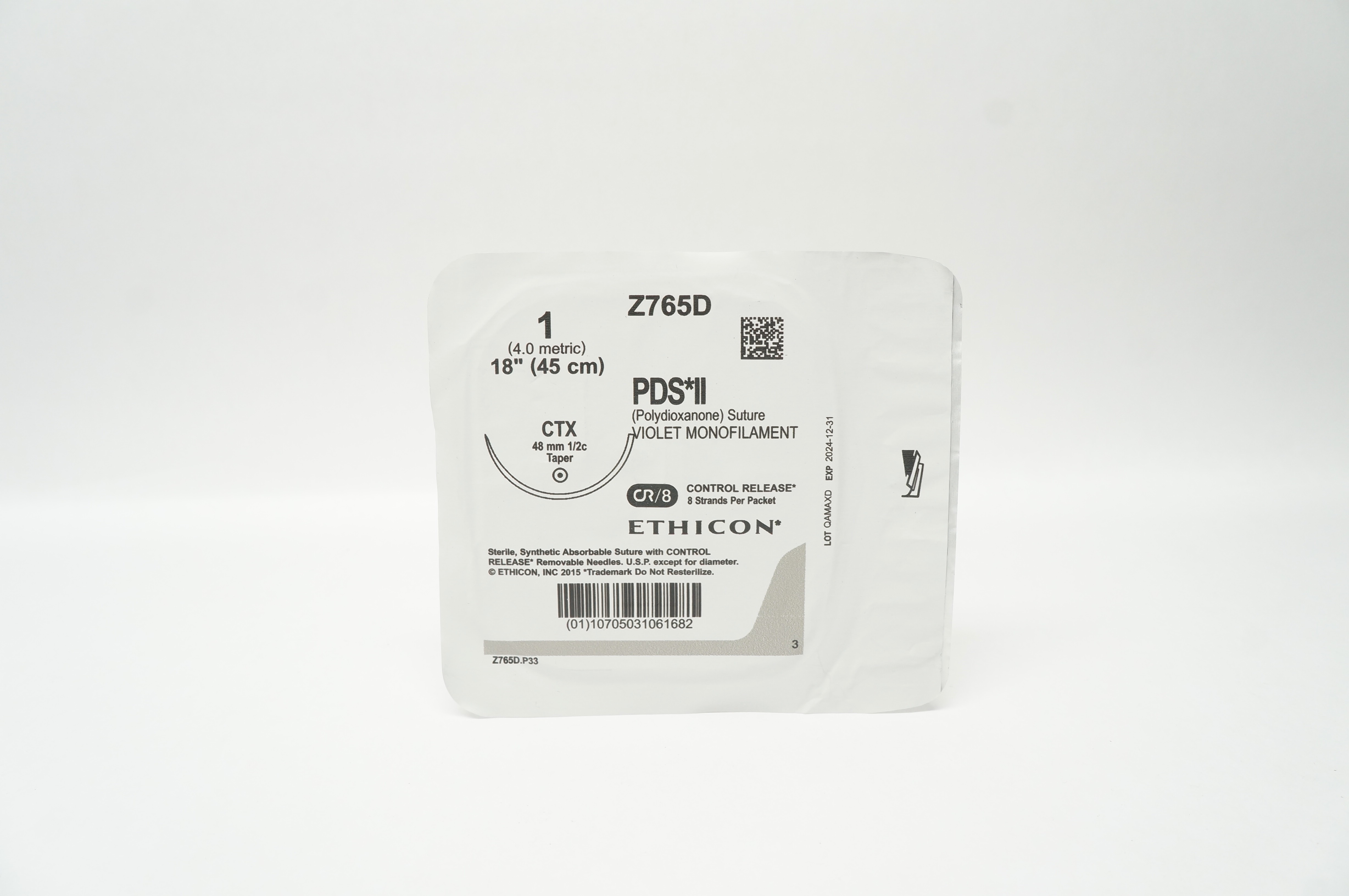 Ethicon Z765D 1 PDS II Polydioxane Stre CTX 48mm 1/2c Taper, 18 inch