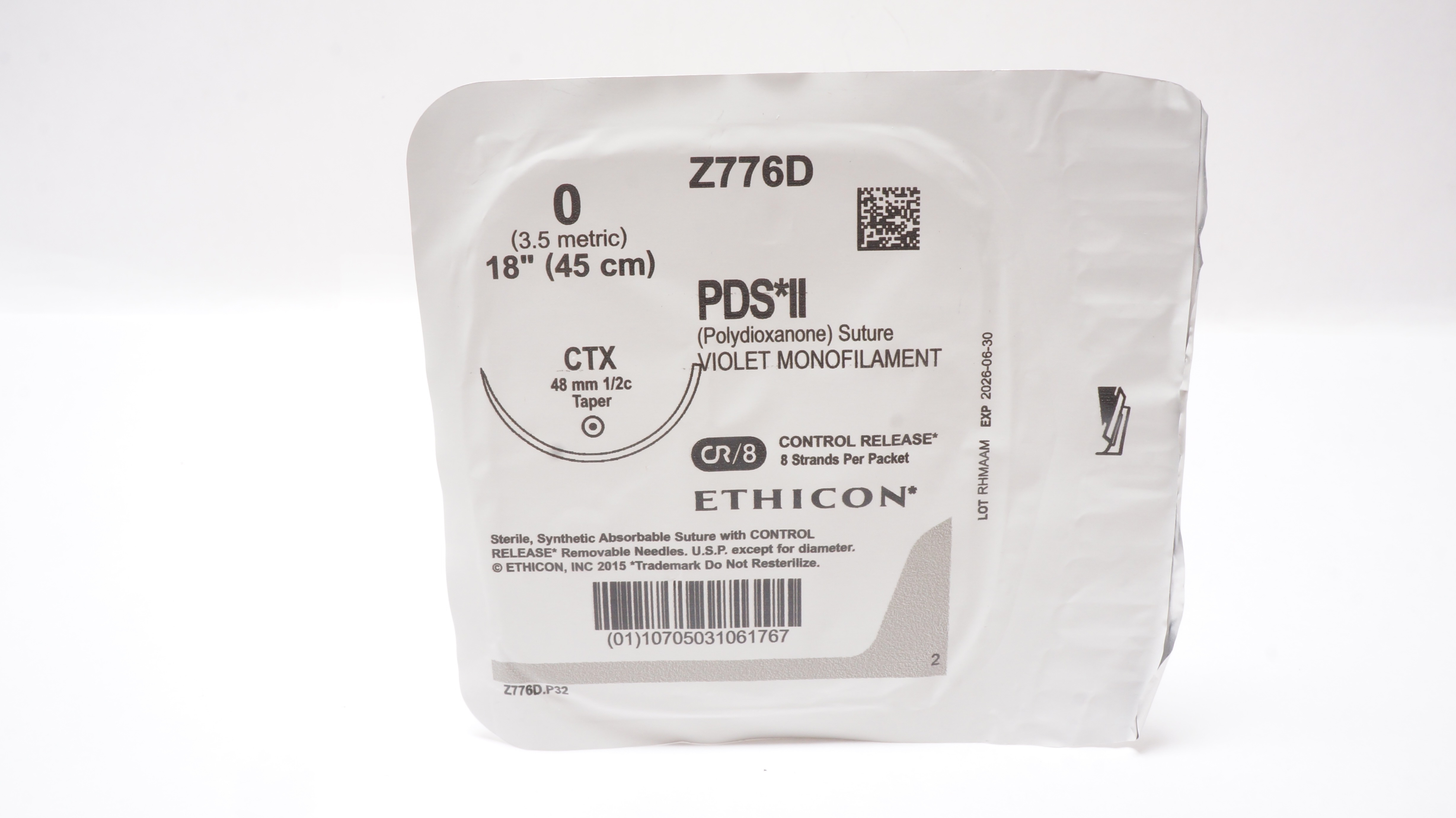 Ethicon Z776D 0 PDS II Violet Monofilament, CTX,  48mm 1/2c Taper, 18inch