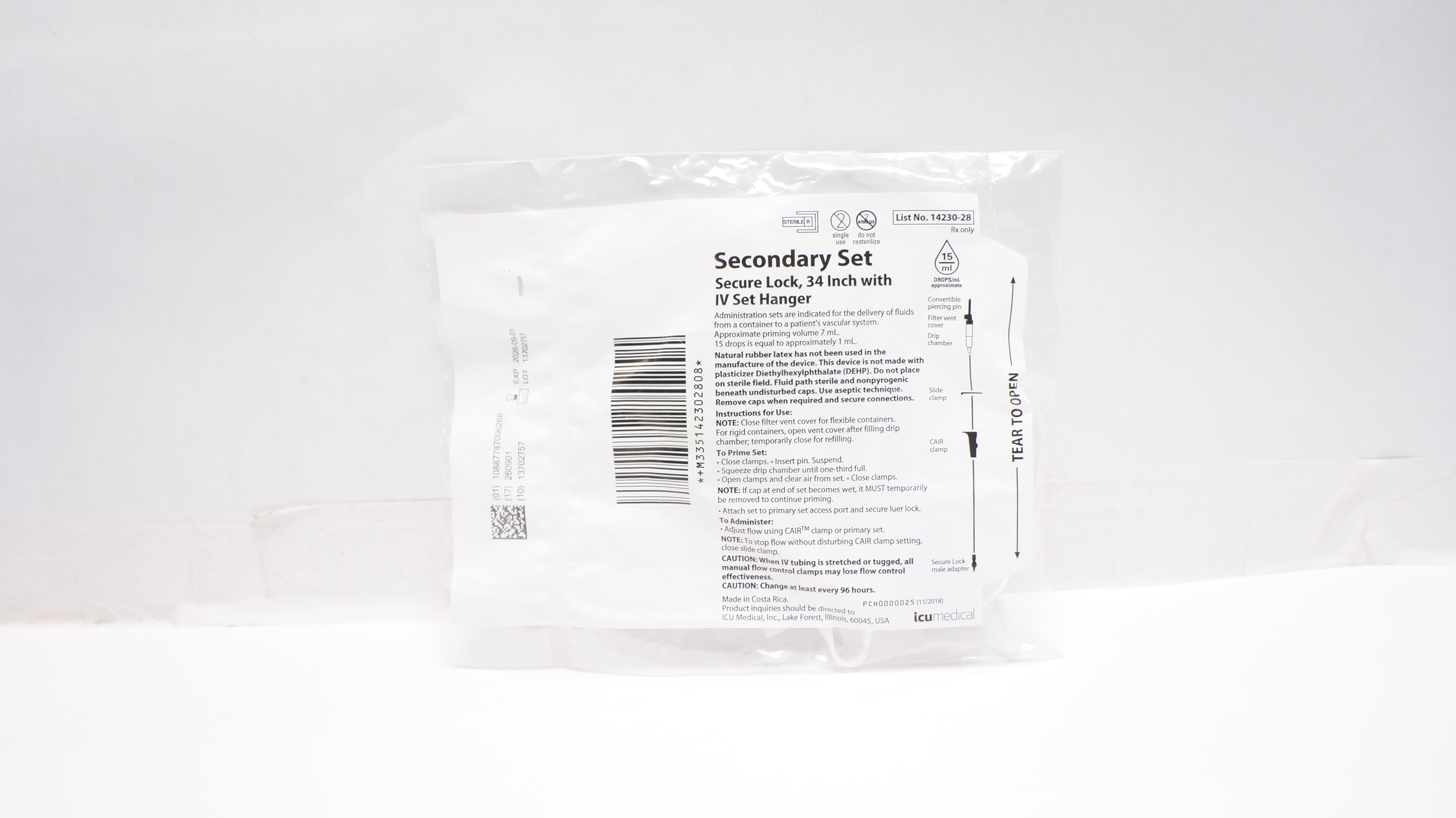 ICU Medical 14230-28 Secondary Set w/IV Set Hanger 34inch x 7mL 15 Drops/mL