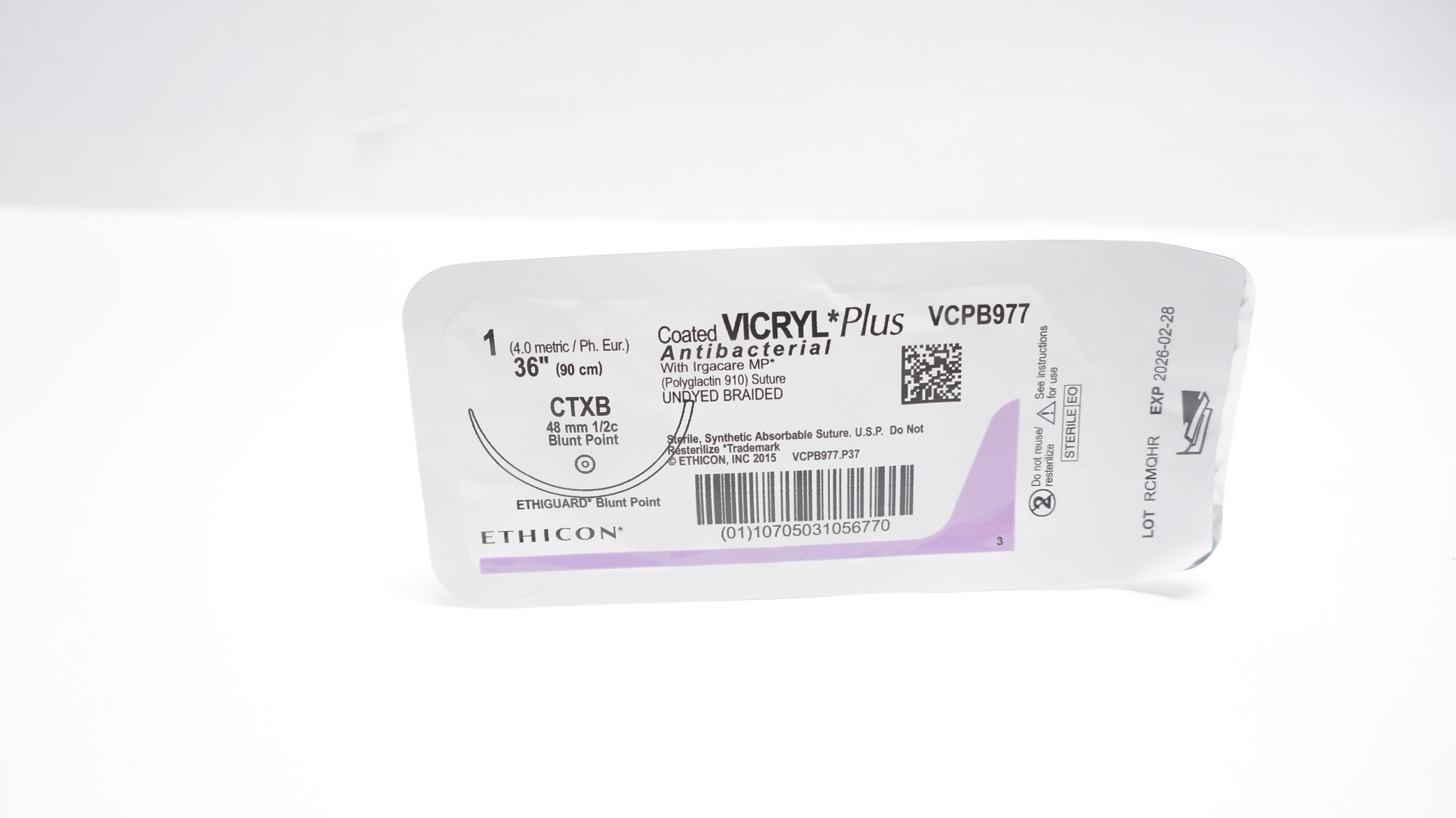 Ethicon VCPB977 1 VICRYL Plus Polygalctin Stre CTXB 48mm 1/2c Blunt Point 36inch