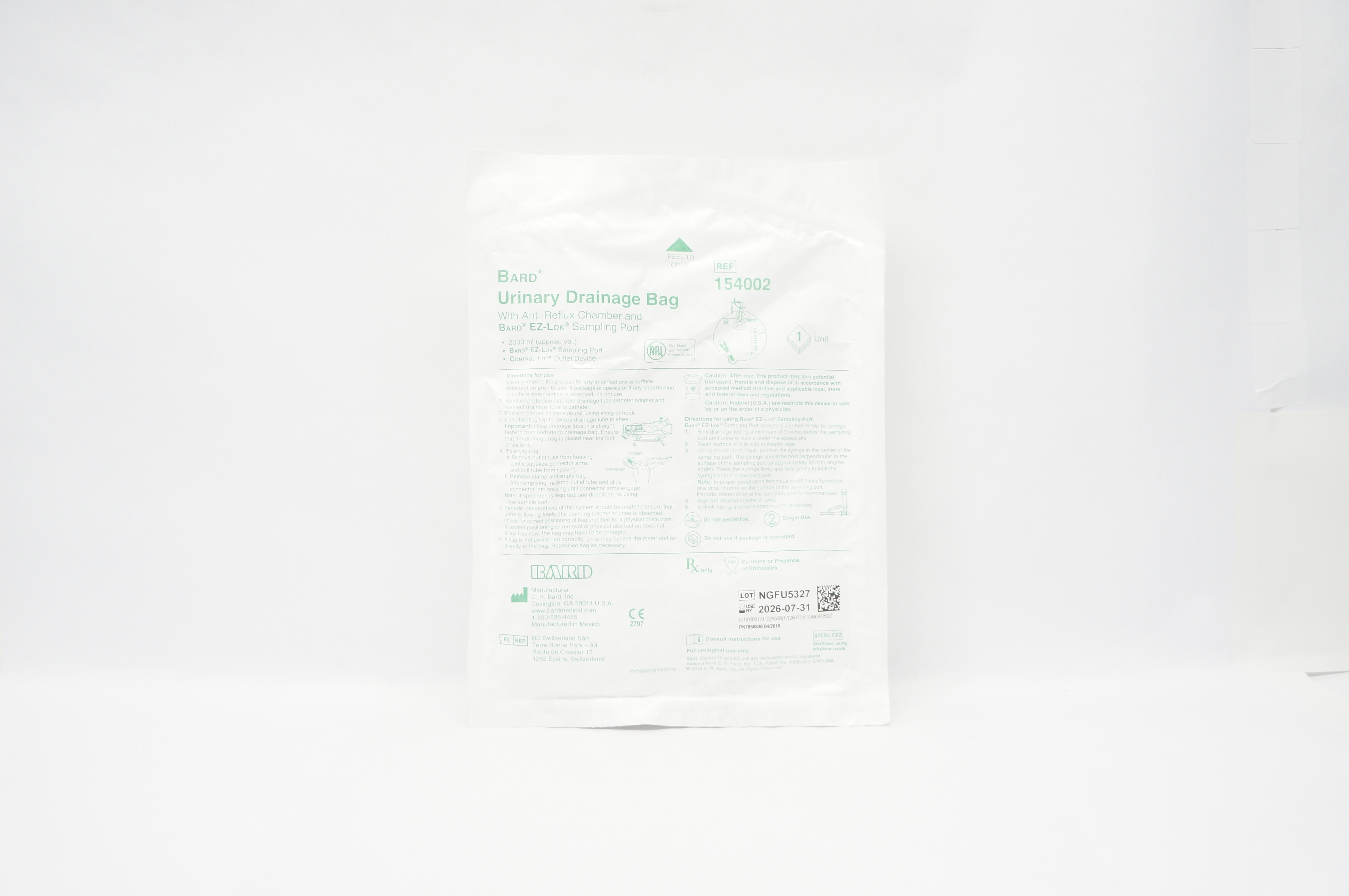 Bard 154002 Urinary Drainage Bag with Anti-Reflux Chamber & Sampling Port 2000ml