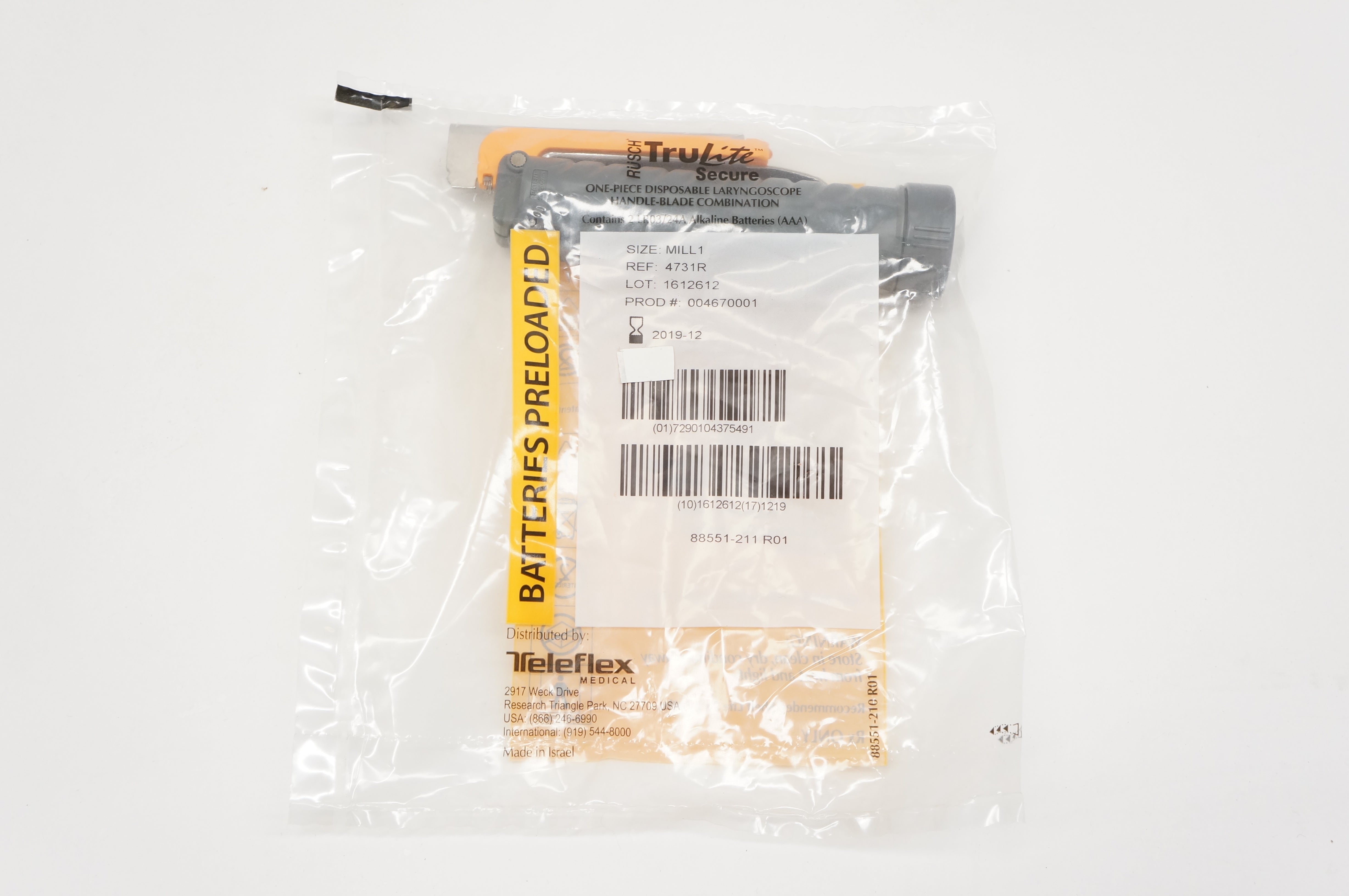 Rusch 4731R TruLite Secure Disposable Laryngoscope Handle-Blade, Mill 1 (x)