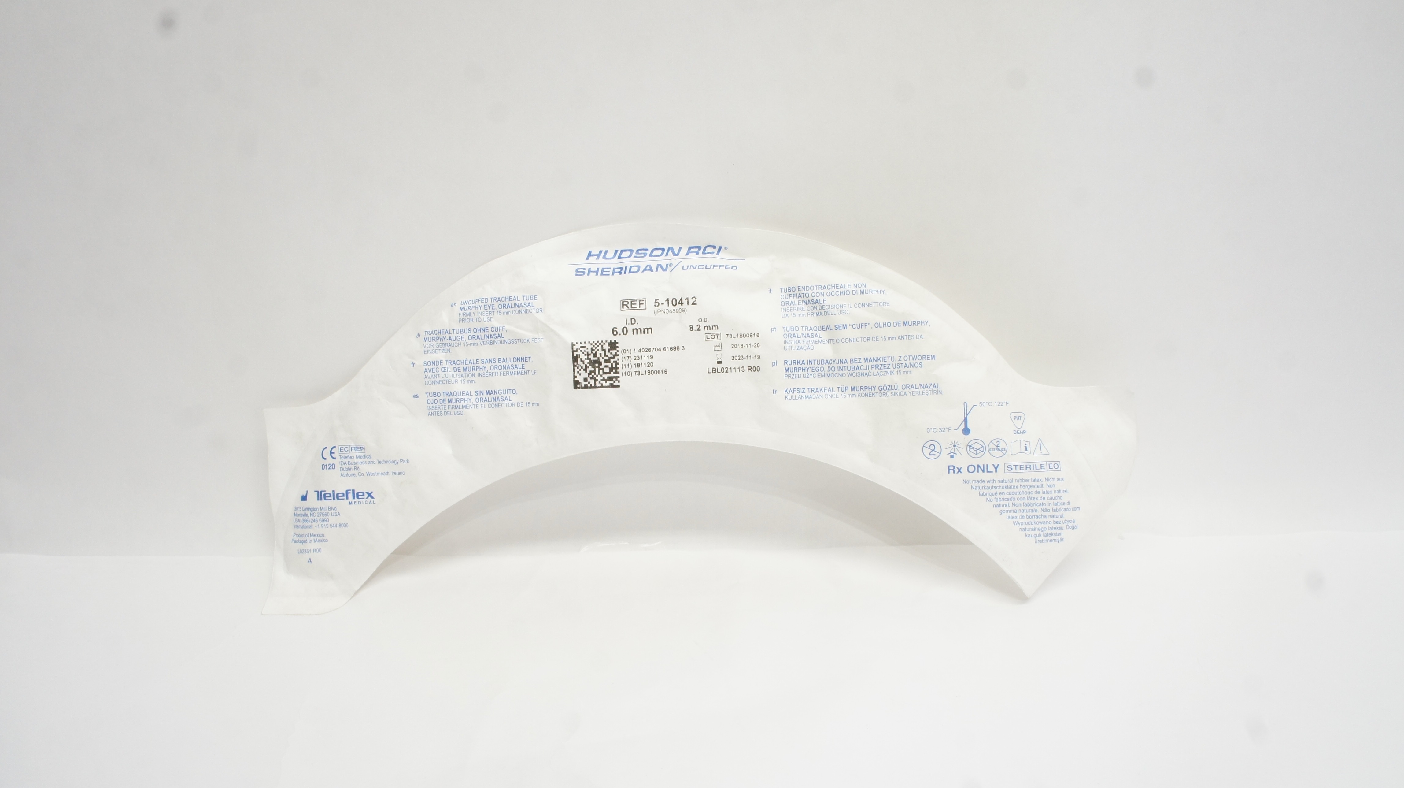 Teleflex 5-10412 Hudson RCI Sheridan Uncuffed Tracheal Tube 6.0 ID x 8.2mm OD (x)
