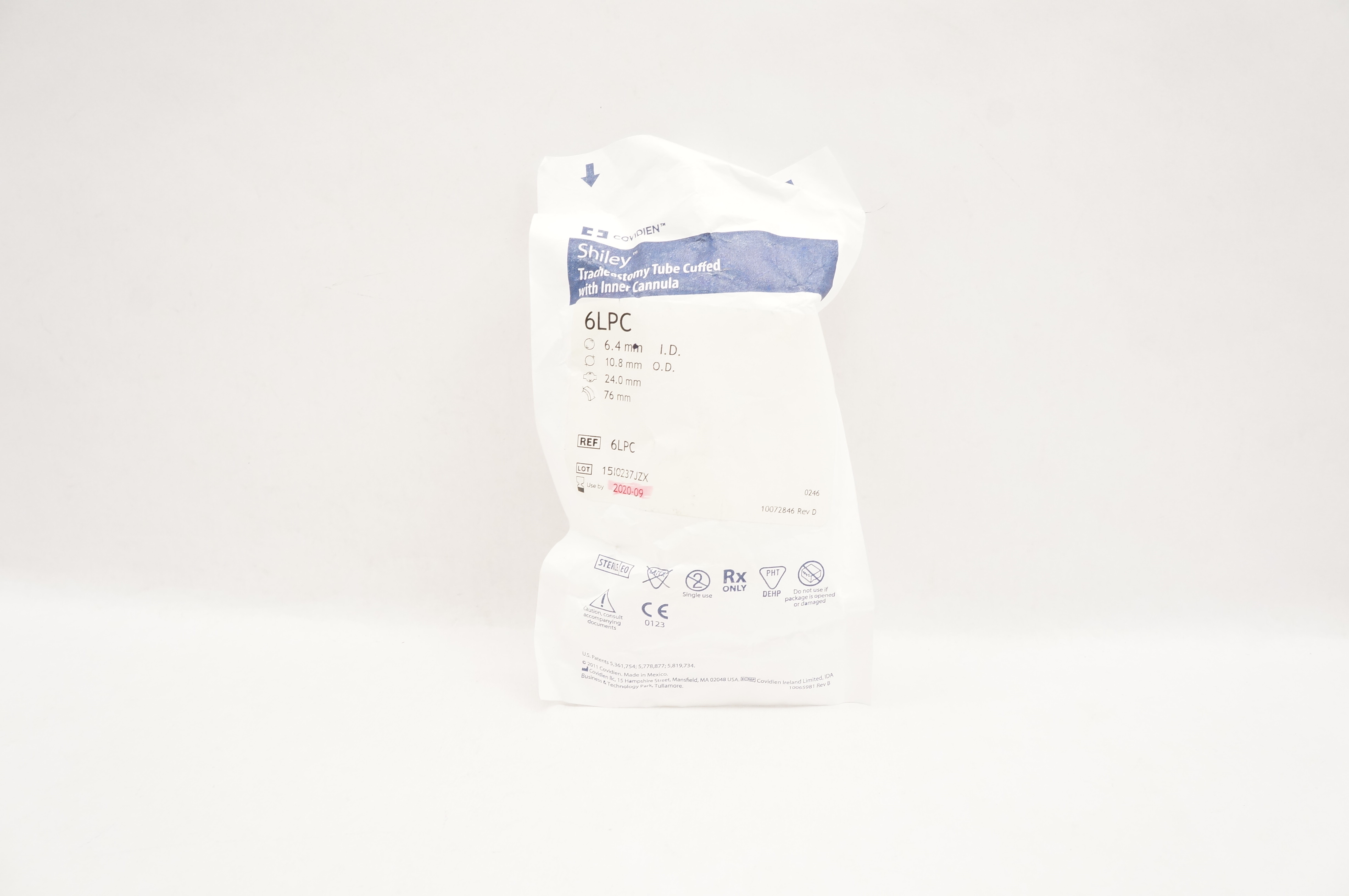 Covidien 6LPC Shiley Tracheostomy Tube Cuffed 6.4 ID x 10.8 OD x 24.0 x 76mm (x)