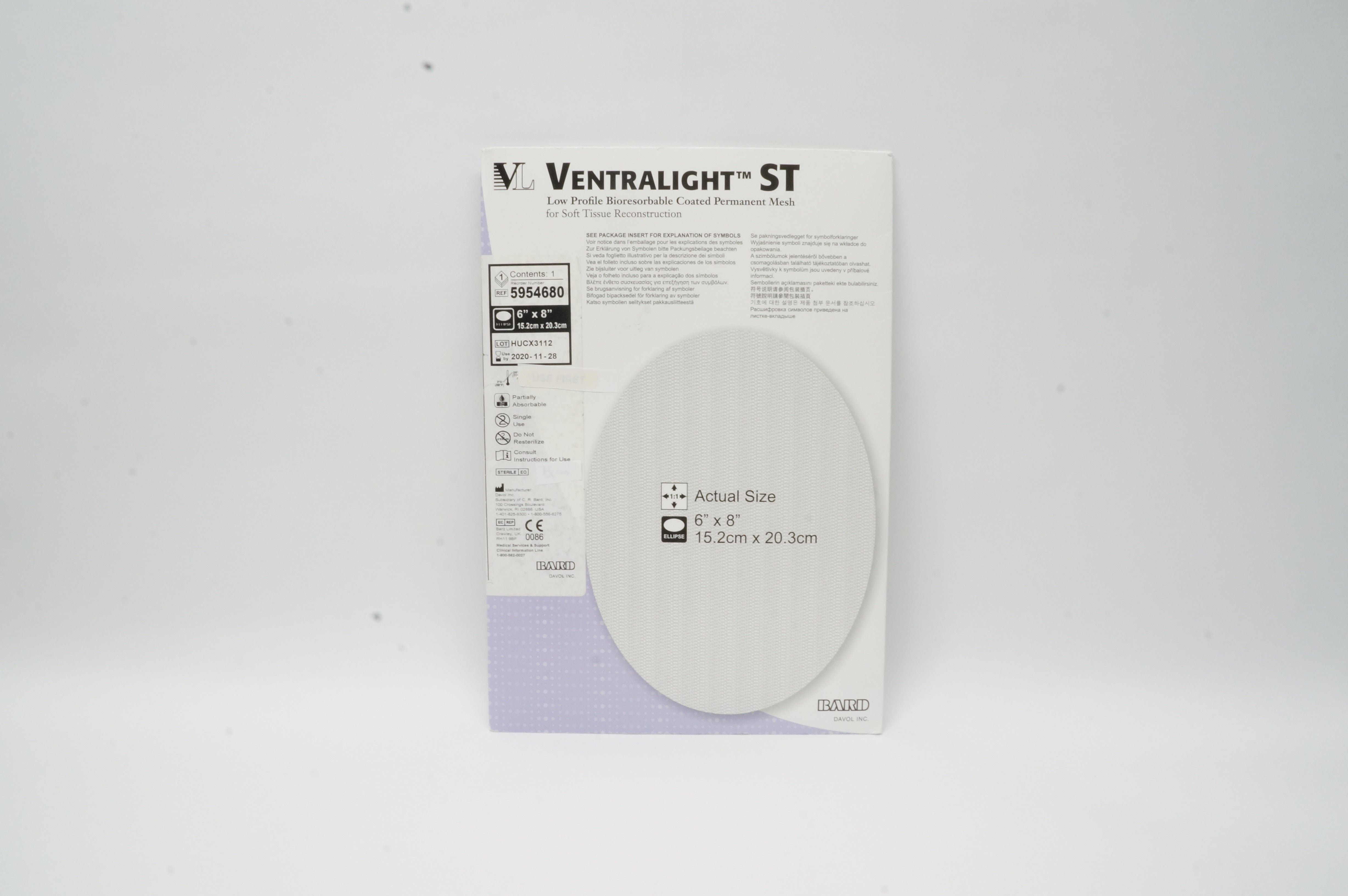 Ventralight 5954680 Low Profile Bioresorbable Coated Permanent Mesh 6in x 8in(x)