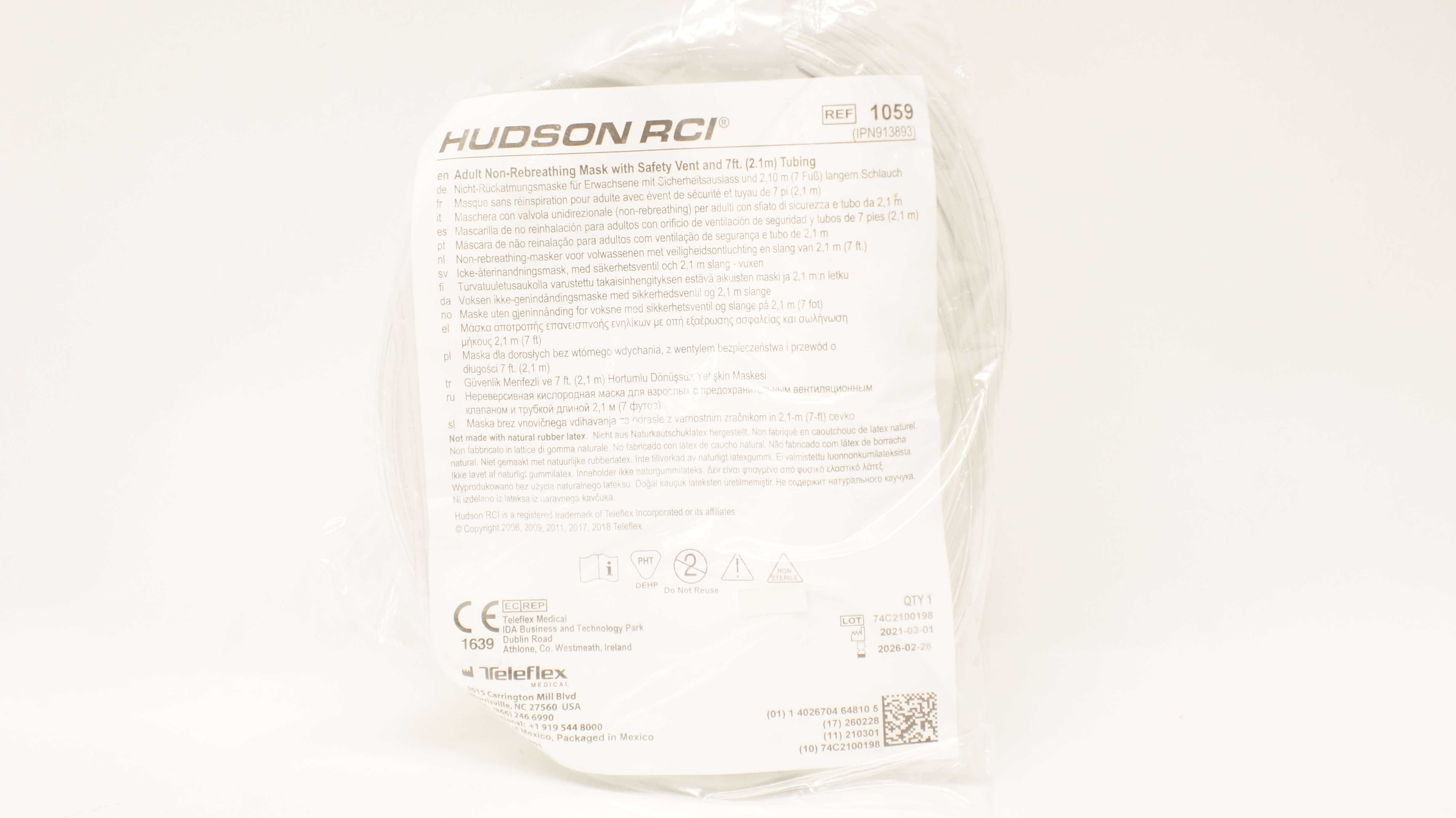 Teleflex 1059 Hudson RCI Adult Non-Rebreathing Mask w/Safety Vent & 7 ft. Tubing