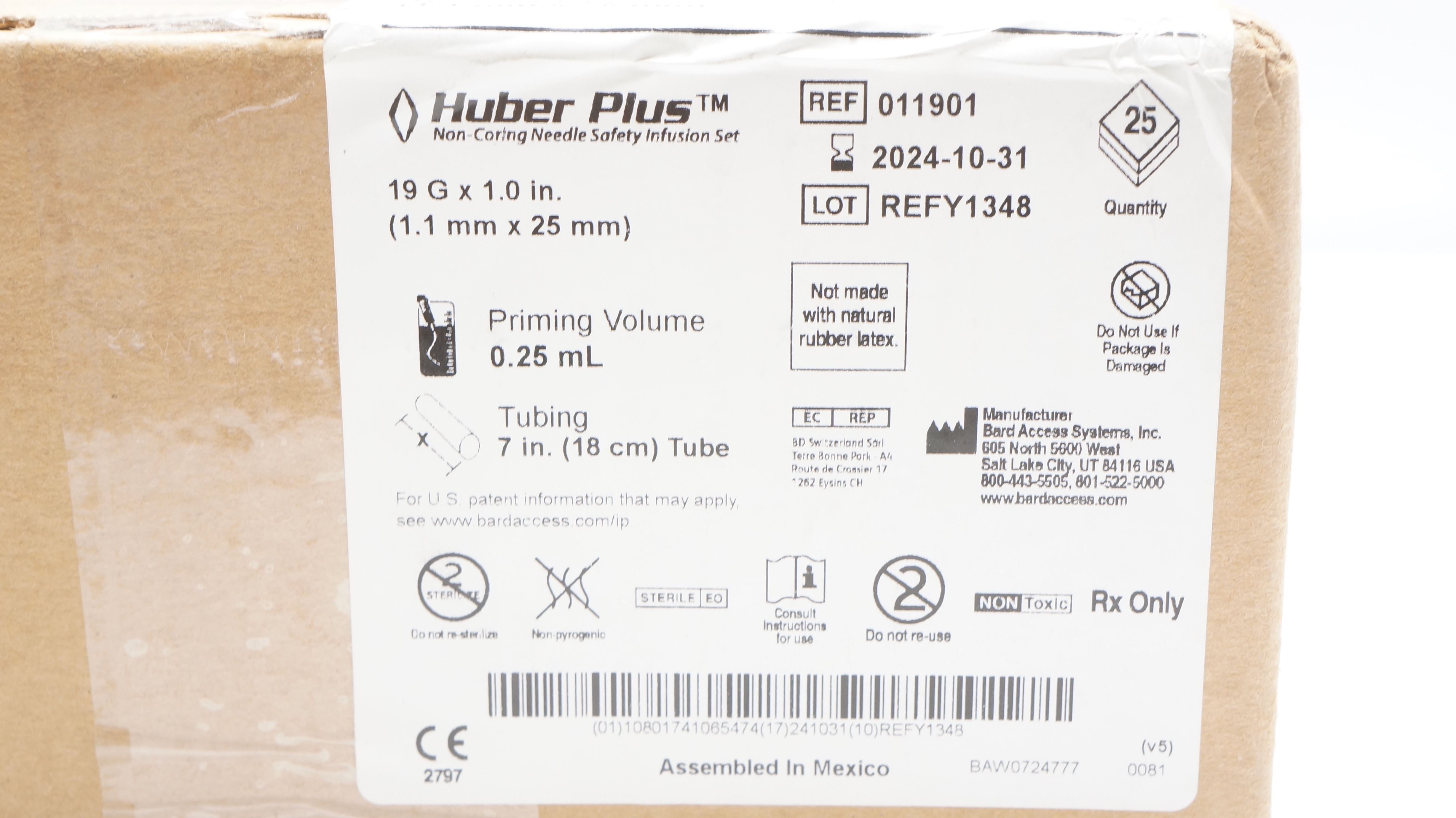 Bard 011901NY Huber Plus Ndle Safety Infusion Set 19G x 1.0inch - Box of 25