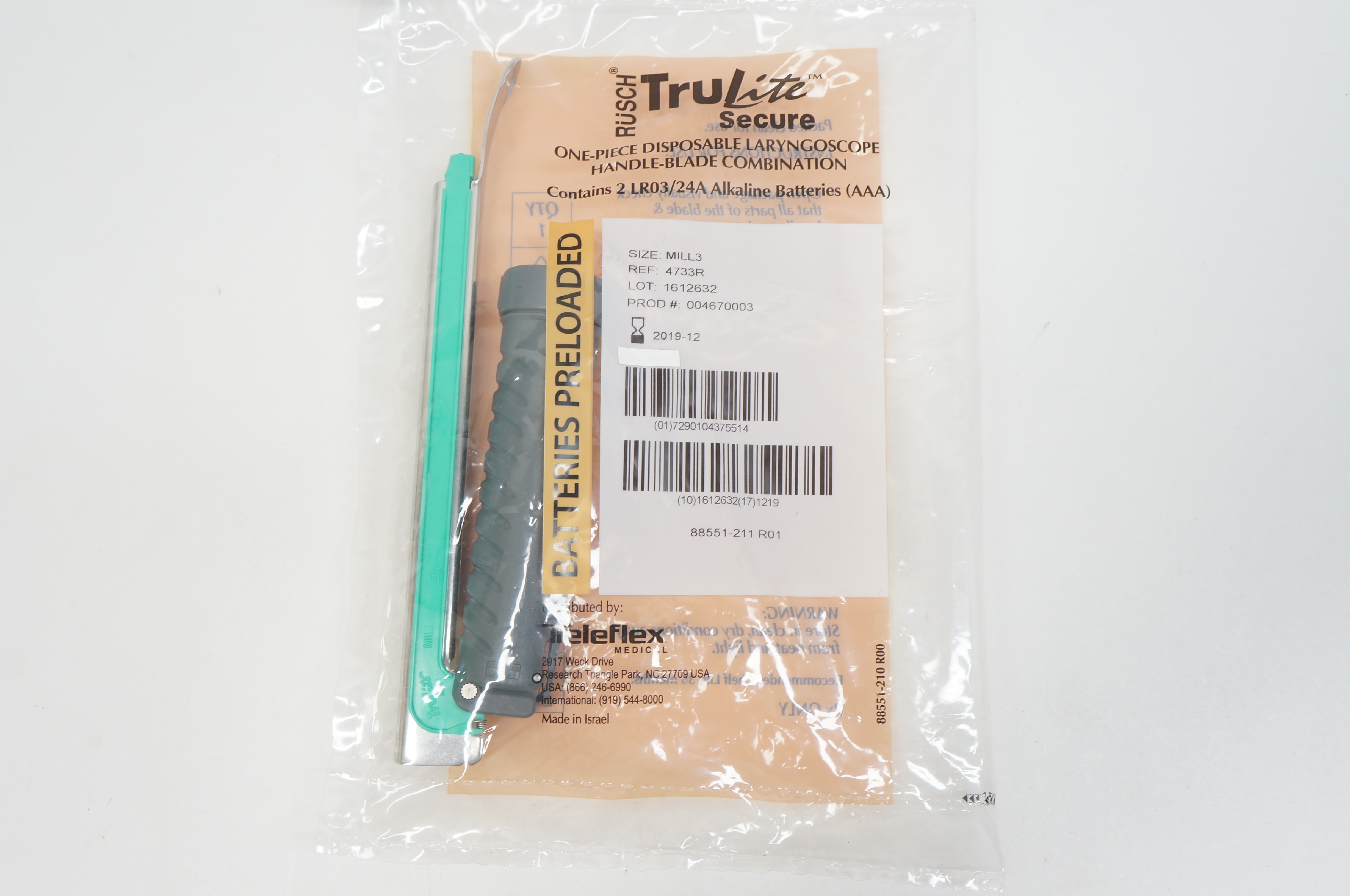 Teleflex 4733R TruLite Secure One-Piece Disposable Laryngoscope Handle MILL3 (x)