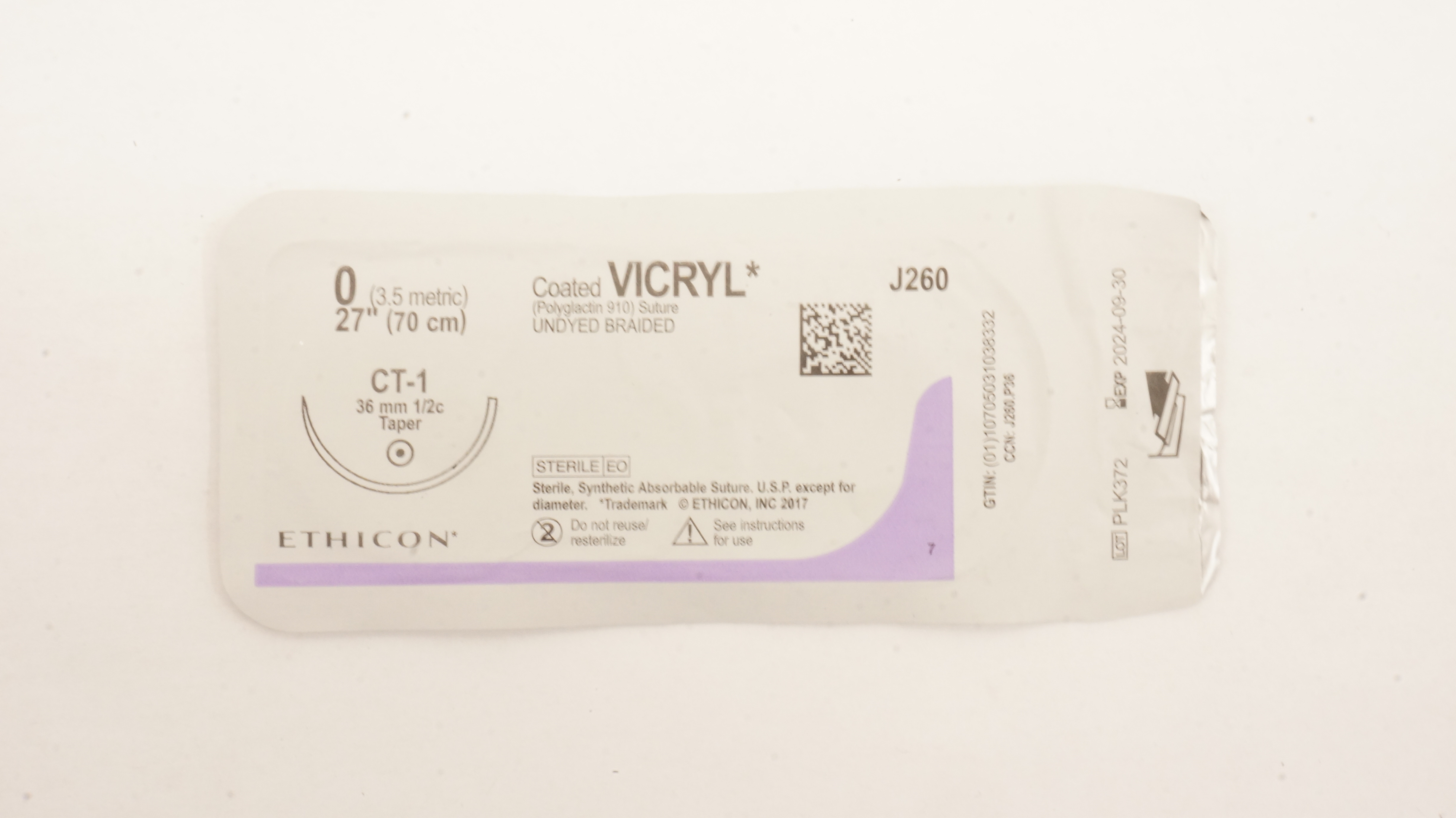 Ethicon J260 0 Coated VICRYL Stre, Undyed Braided, CT-1 36mm 1/2c Taper, 27 inch