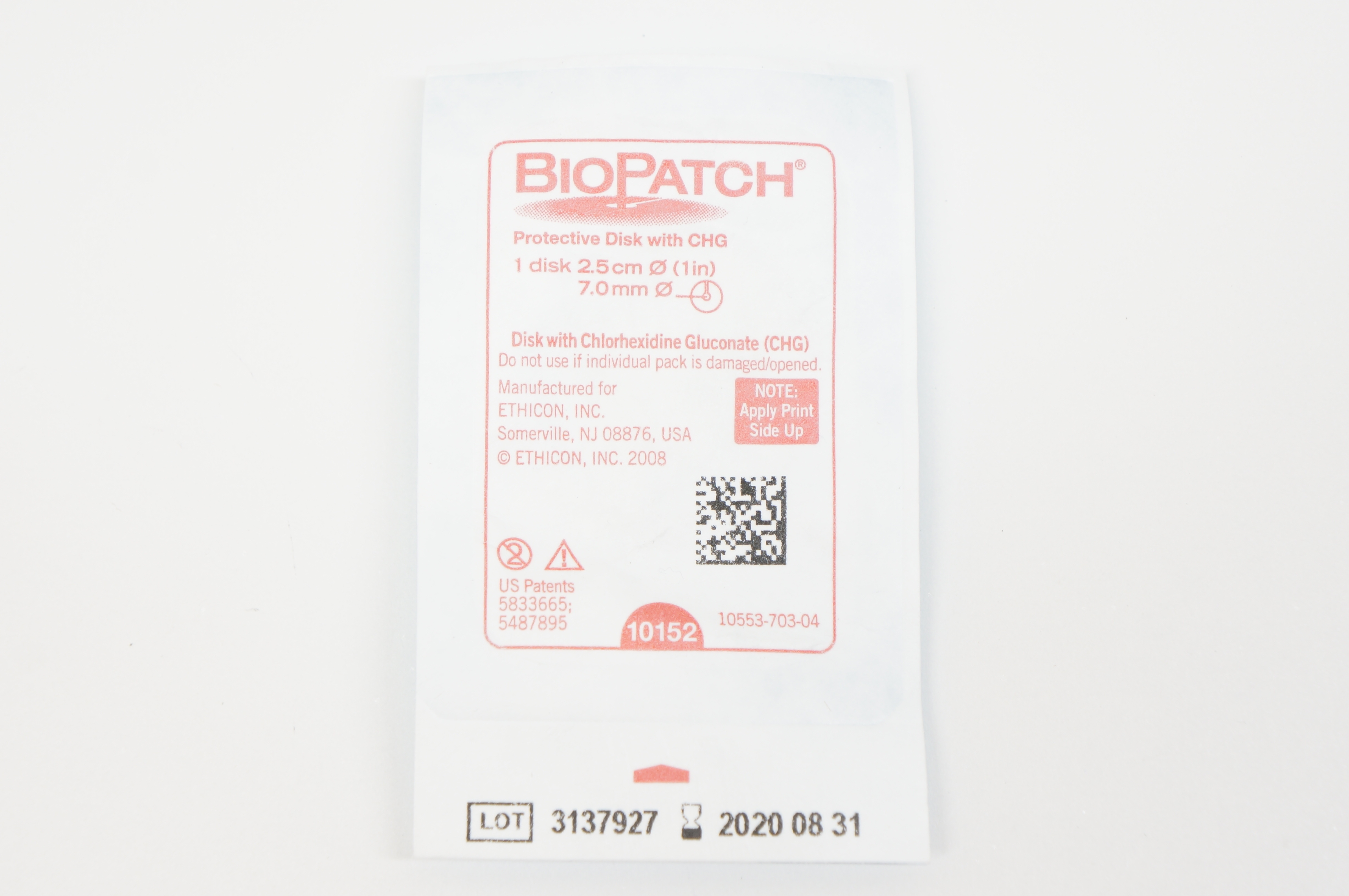 Ethicon 10152 BioPatch Protevtive Disk with CHG 2.5cm x 7mm