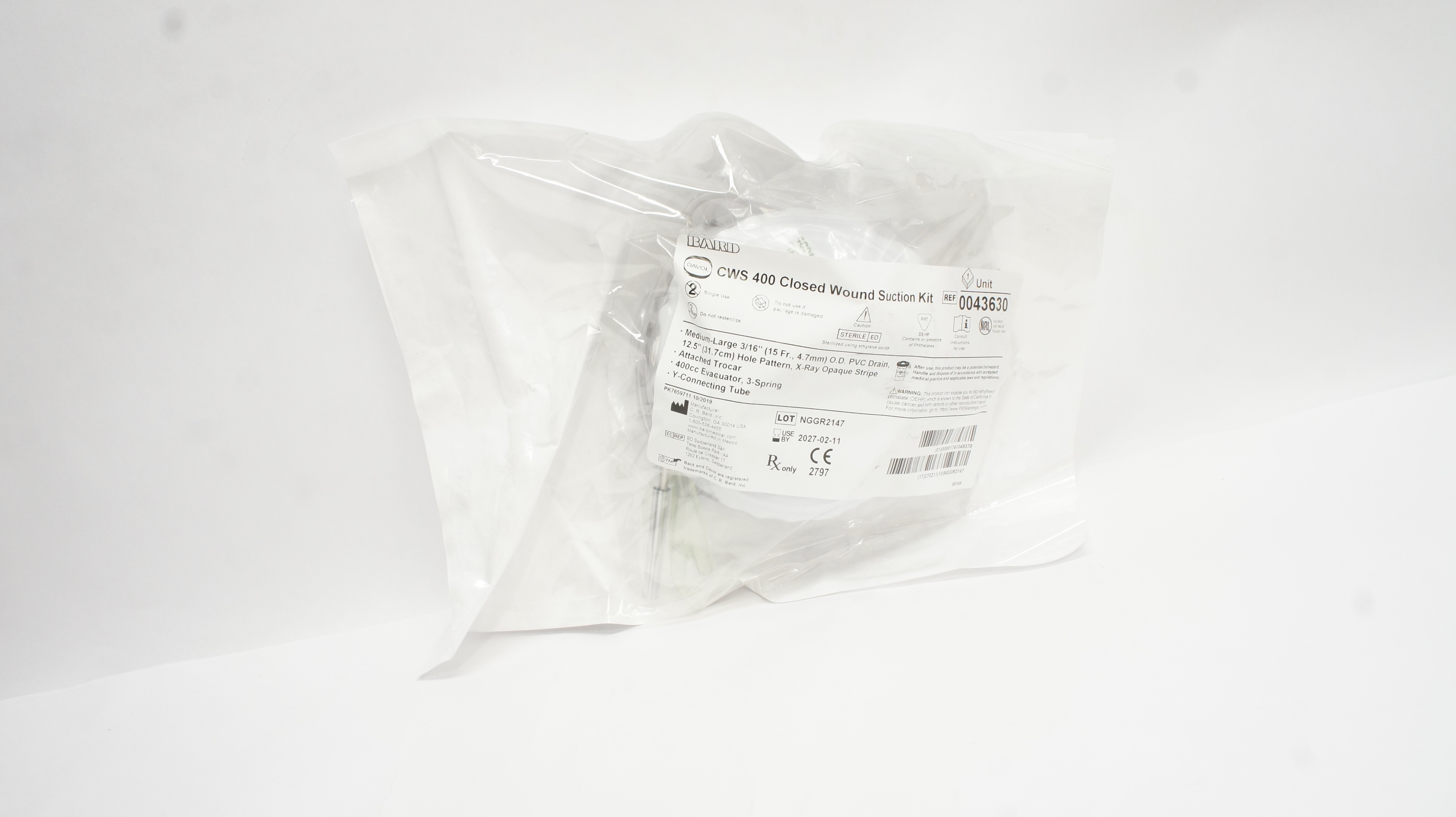 Bard 0043630 Davol CWS 400 Closed Wound Suction Kit 3/16inch x 12.5inch