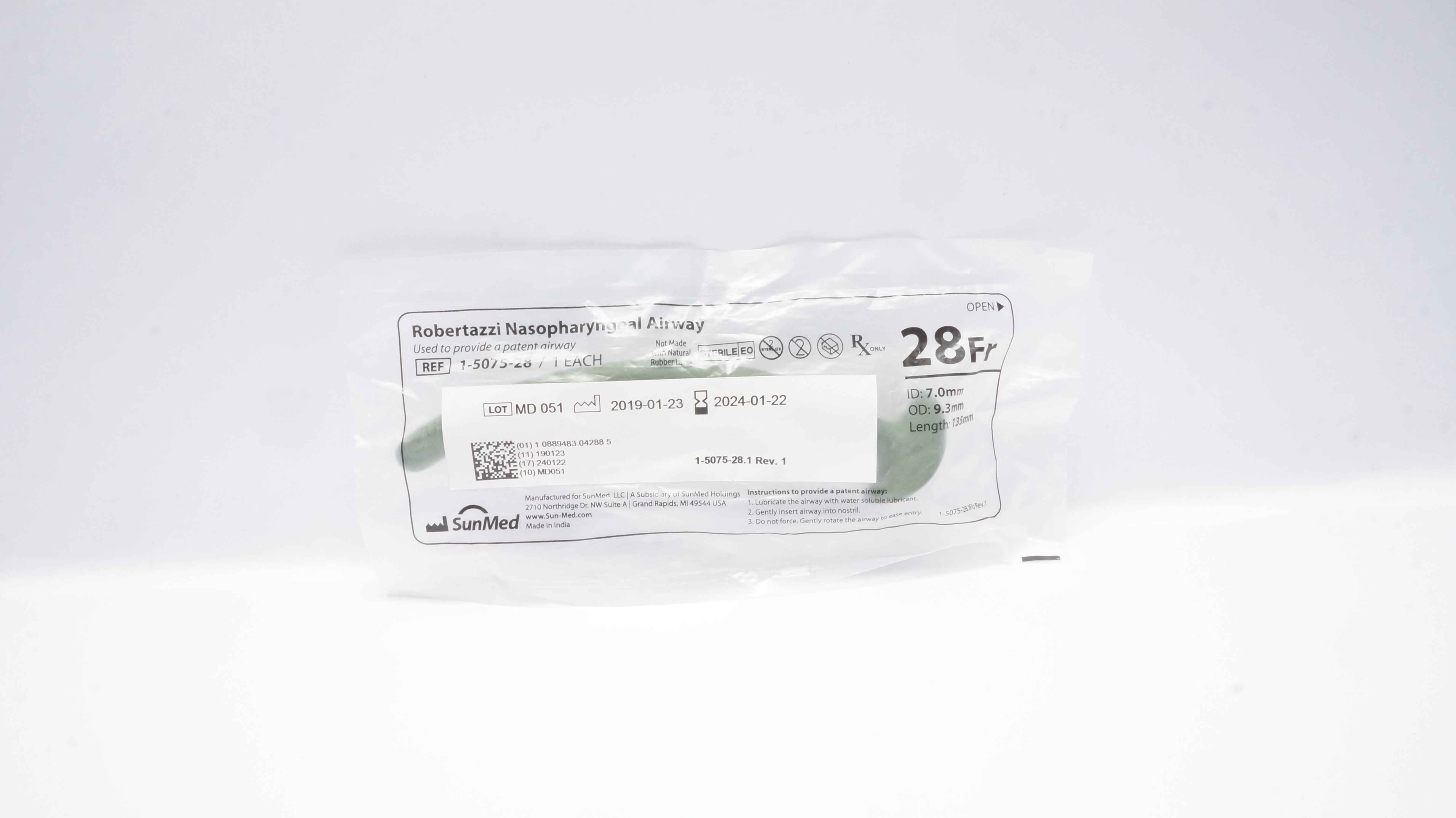 SunMed 1-5075-28 Robertazzi Nasopharyngeal Airway 28Fr 7.0mmID x 9.3mmOD x 135mm
