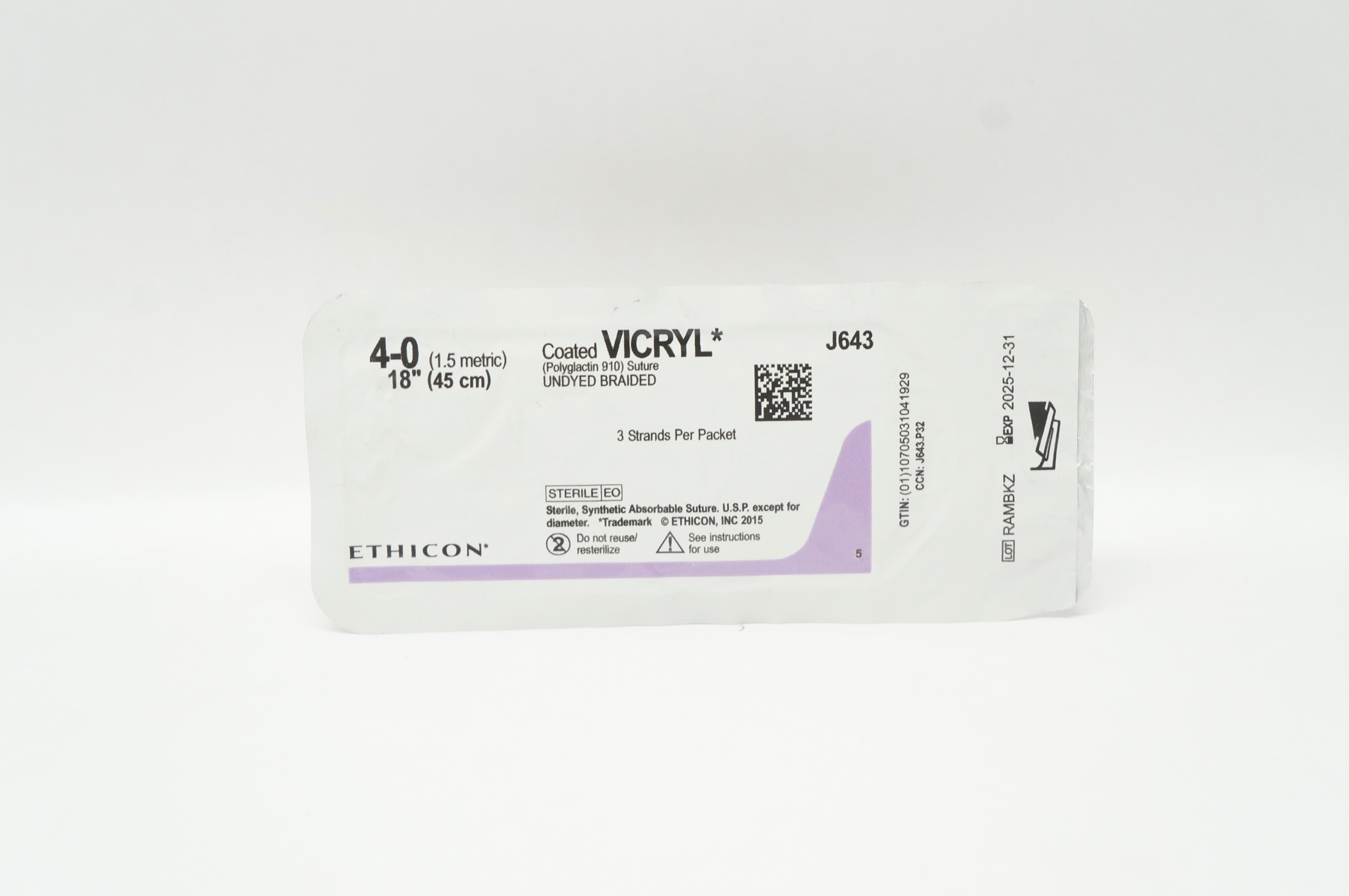 Ethicon J643 4-0 Coated VICRYL Polyglactin 910 Stre. Undyed Braided, 18inch