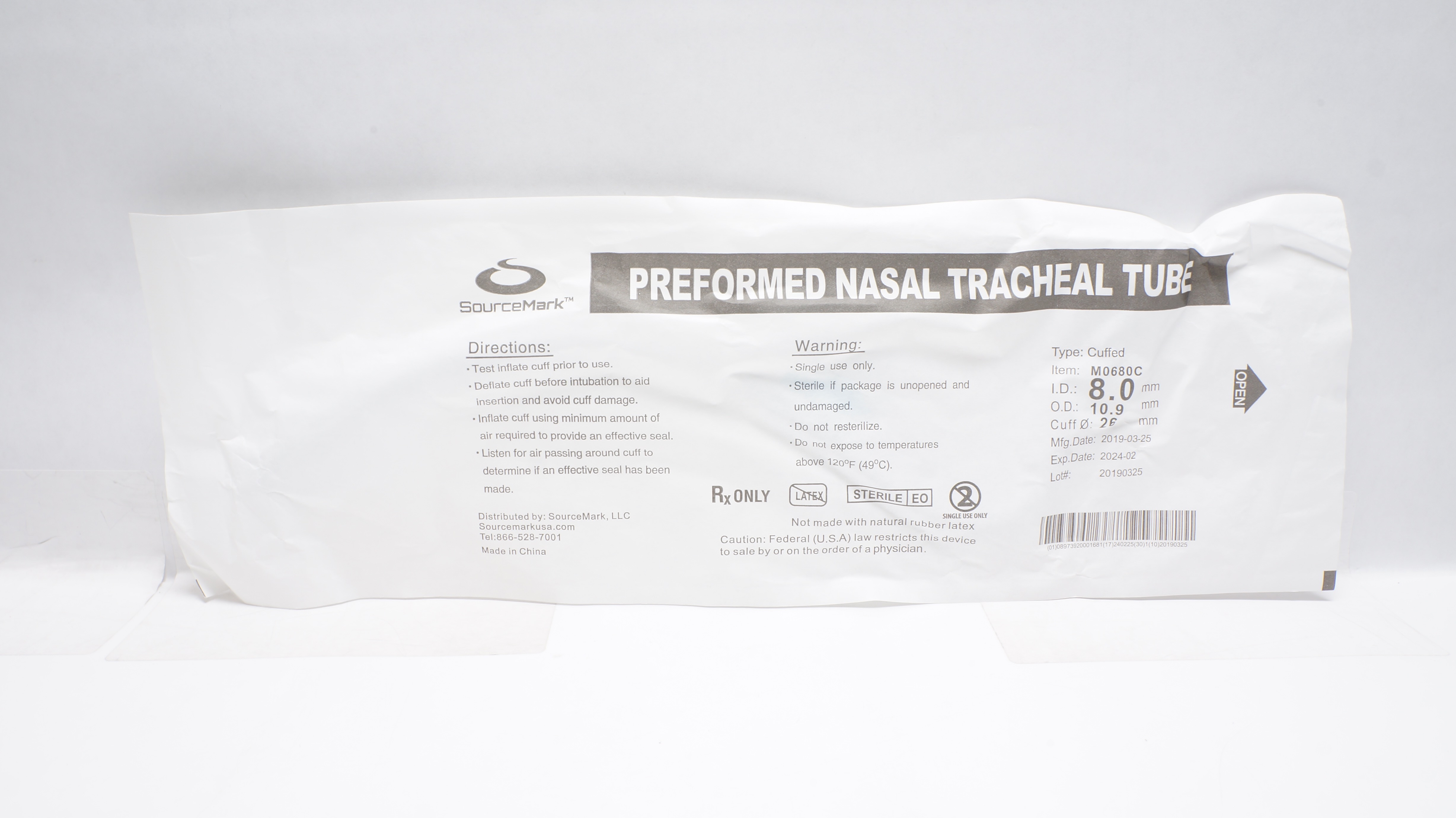 SourceMark M0680C Preformed Nasal Tracheal Tube, Cuffed 8.0mm ID x 10.9mm OD