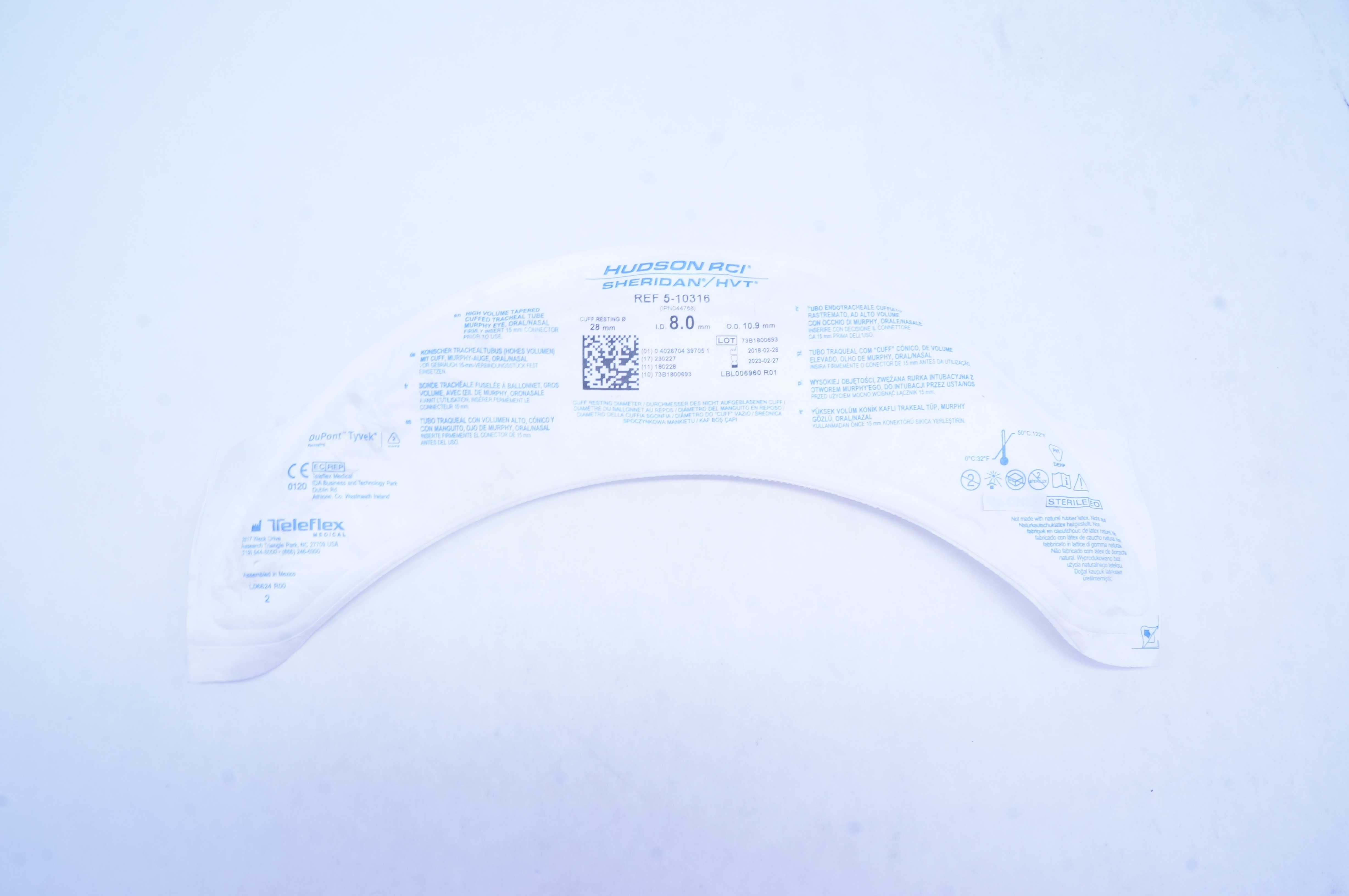 Teleflex 5-10316 Hudson RCI Sheridan HVT Cuffed Tracheal Tube 8.0 x 10.9 x 28mm