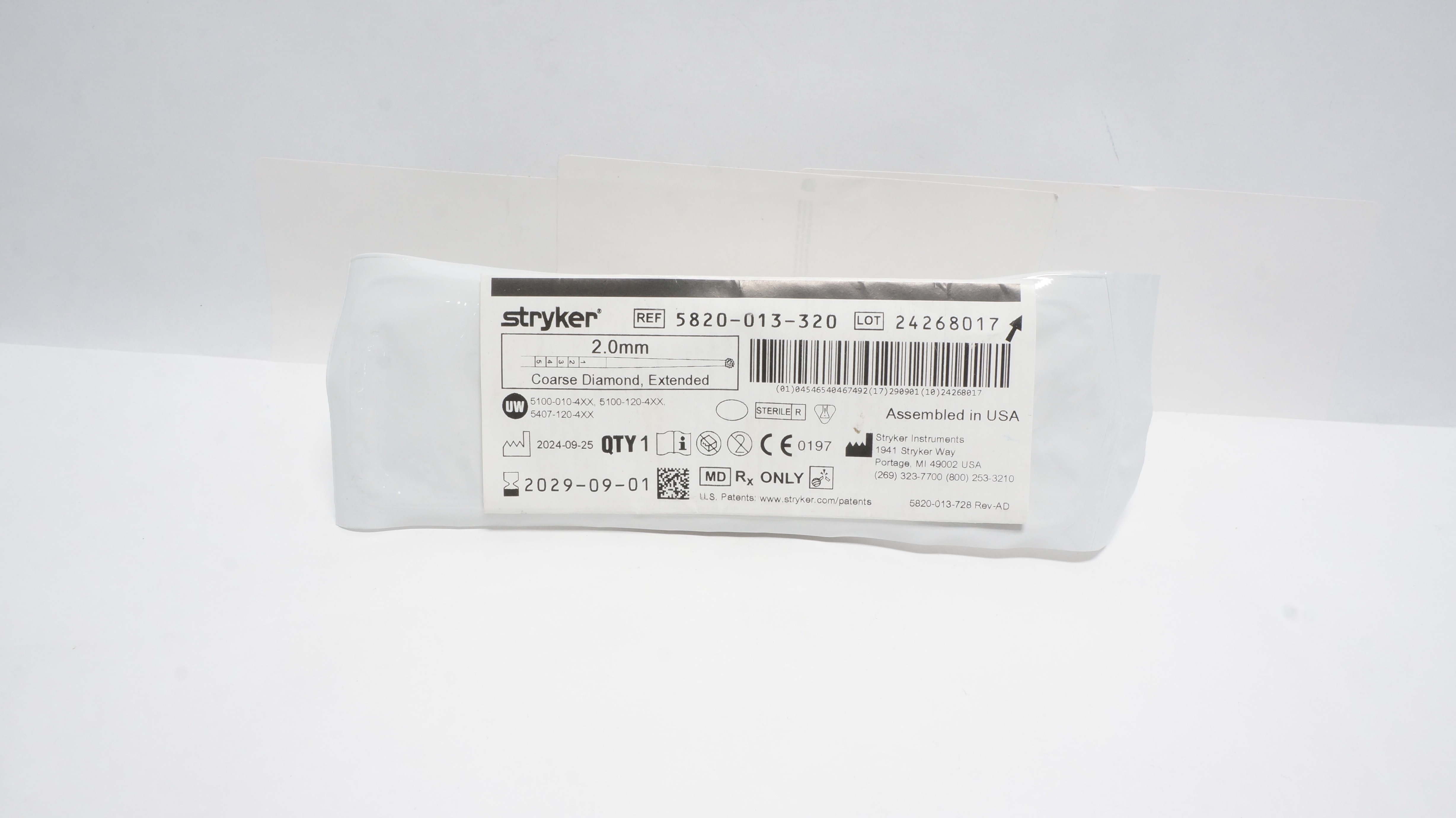 Stryker 5820-013-320 2.0mm Tapered Coarse Diamond, Extended
