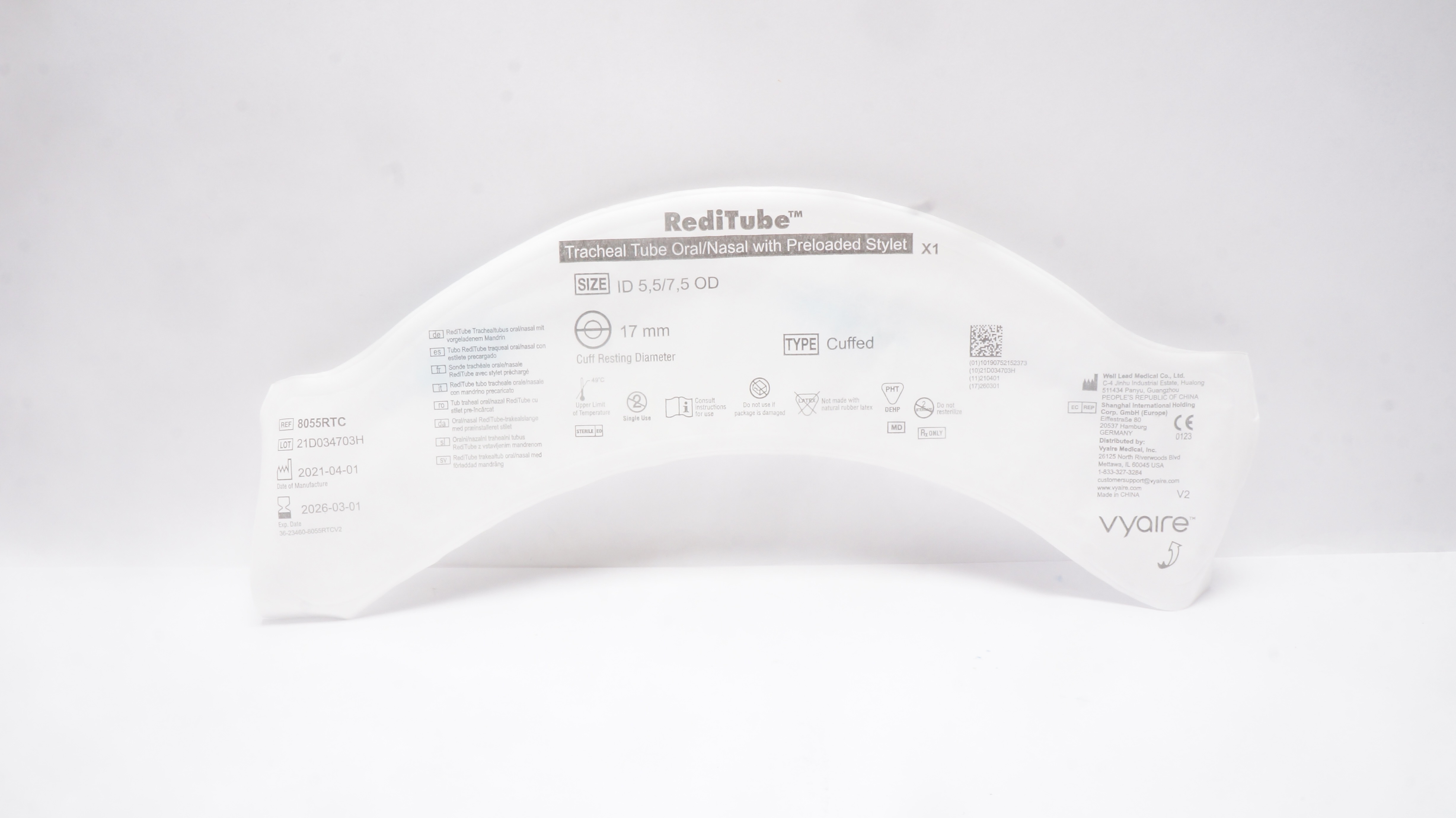 Vyaire 8055RTC RediTube Tracheal Tube Oral/Nasal W/Preloaded Stylet  5.5/7.5