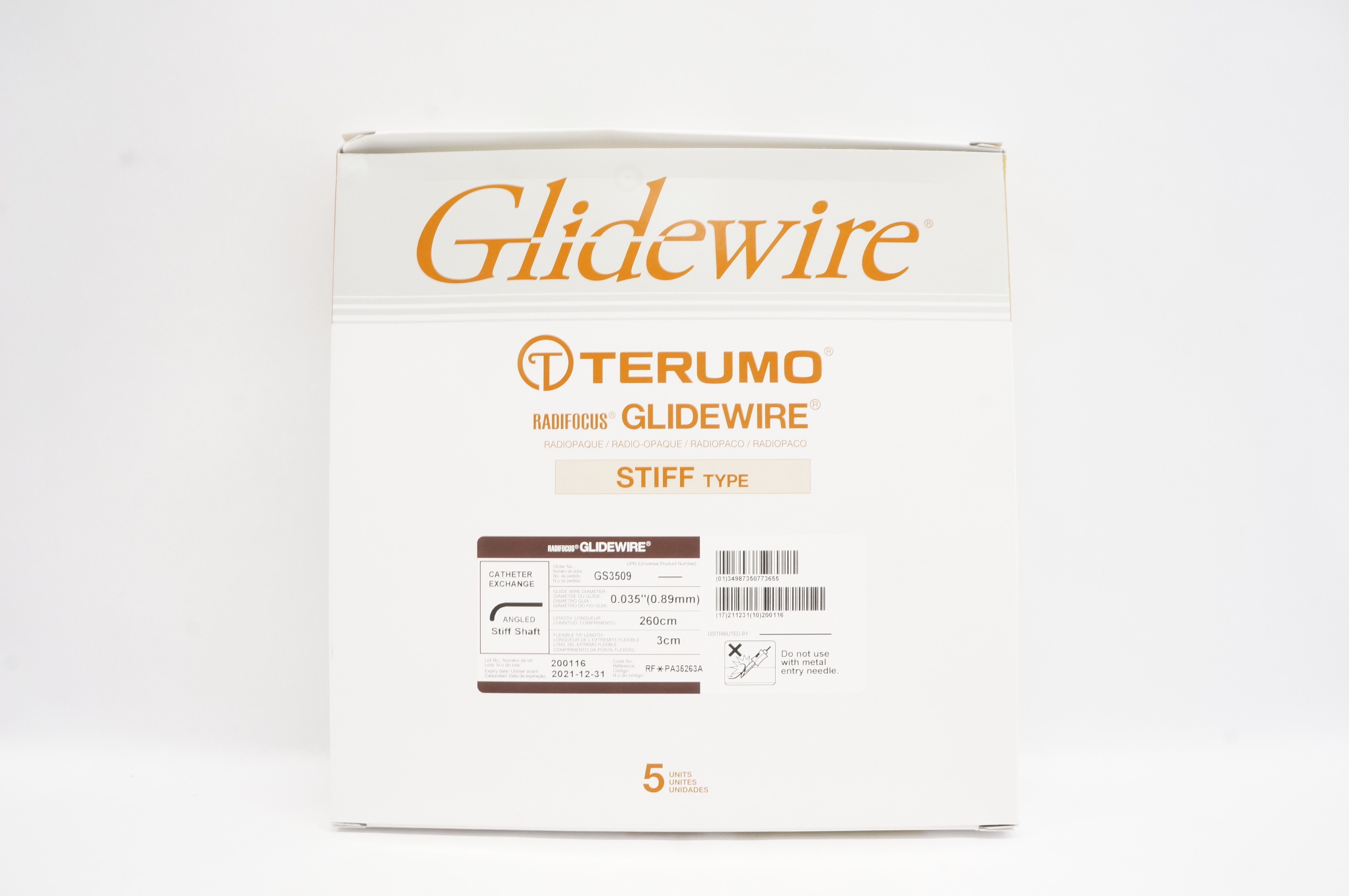 Terumo PA35263A Glidewire Cath. Exchange 0.035 inch x 260cm x 3cm (x) - Box of 5
