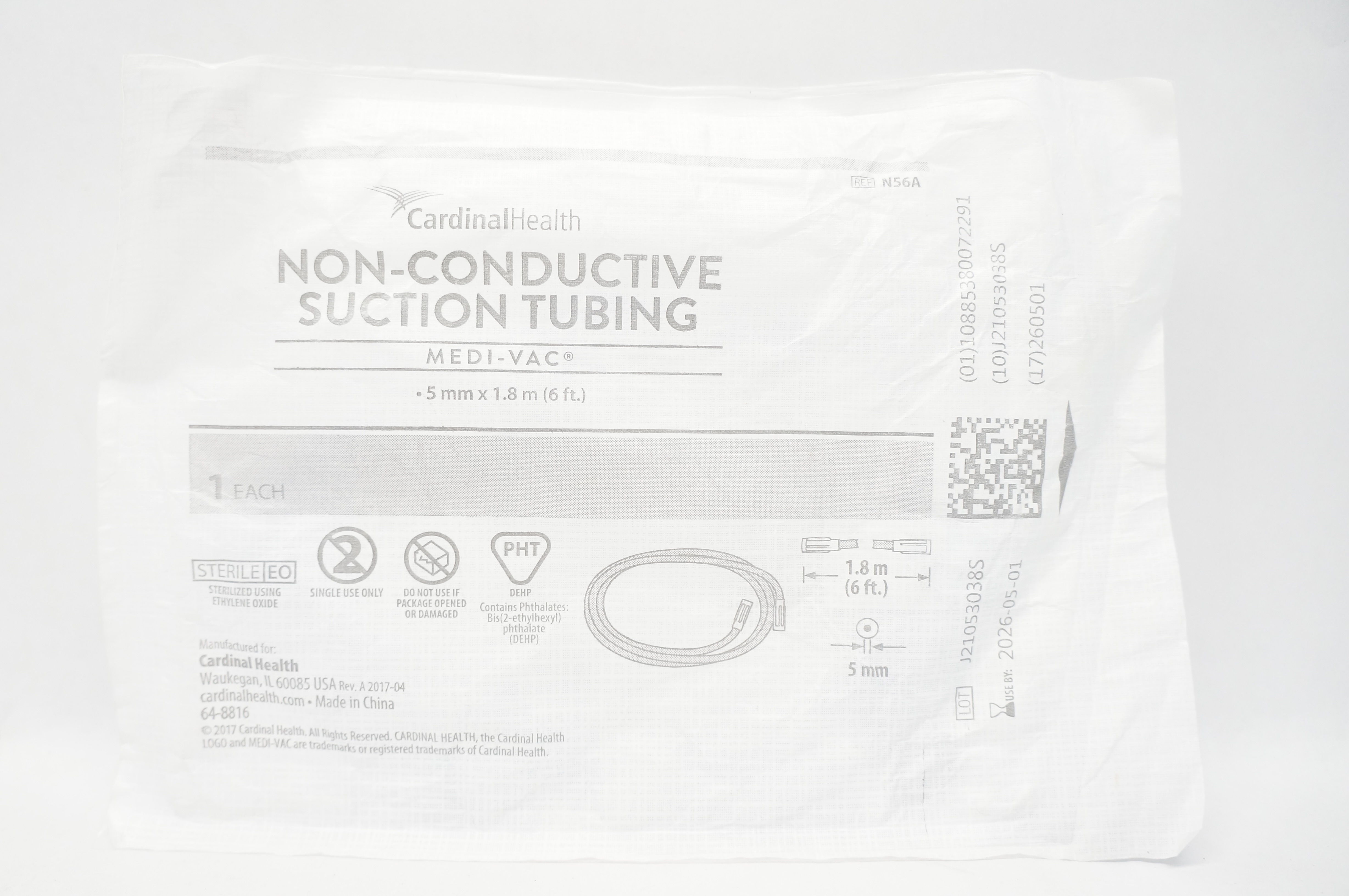 Cardinal Health N56A Medi-Vac Non-Conductive Suction Tubing 5mm x 6Ft