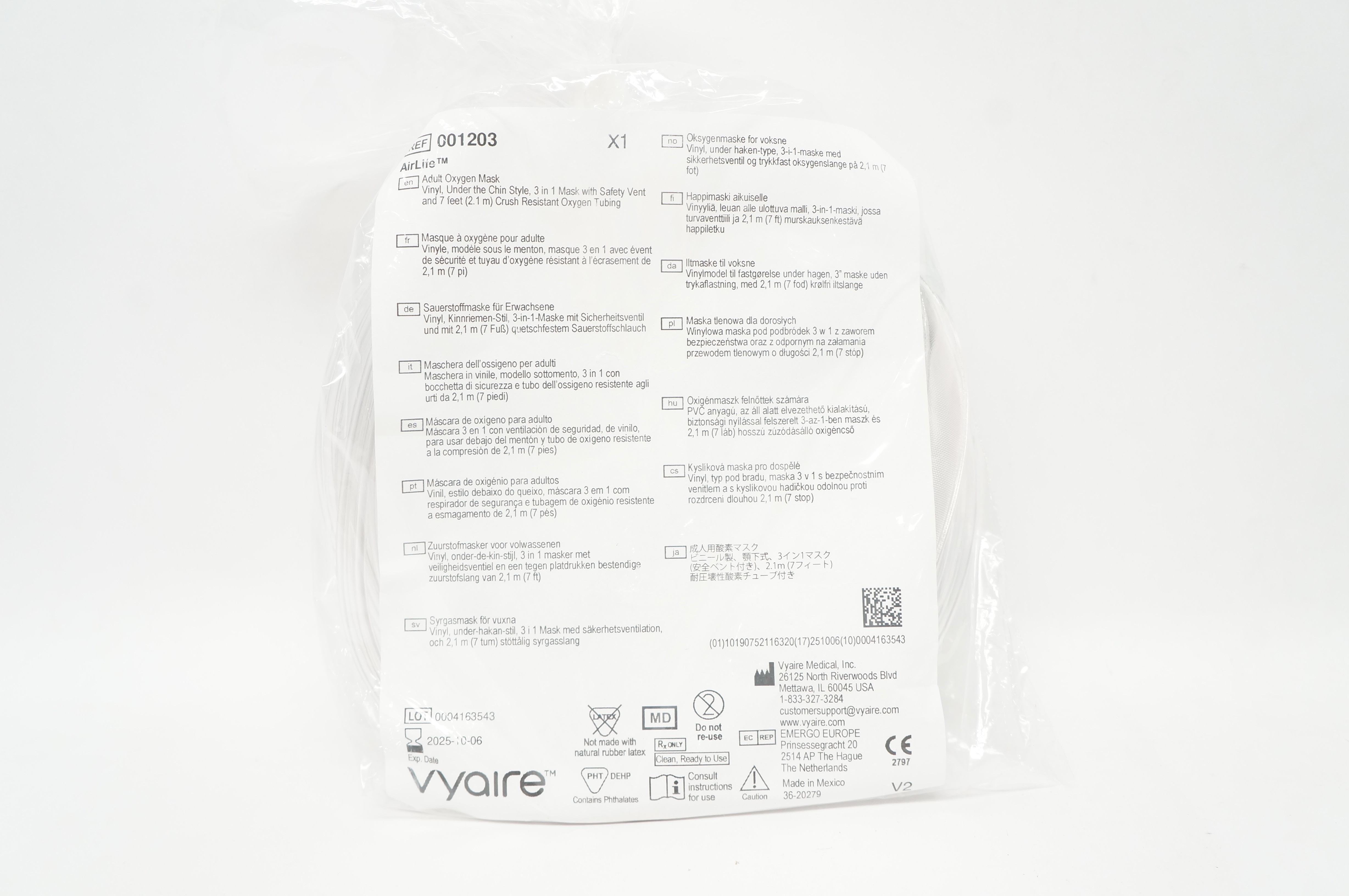 Vyaire 001203 AirLife Adult Oxygen Mask Vinyl w/Resistant Oxygen Tubing 7ft.