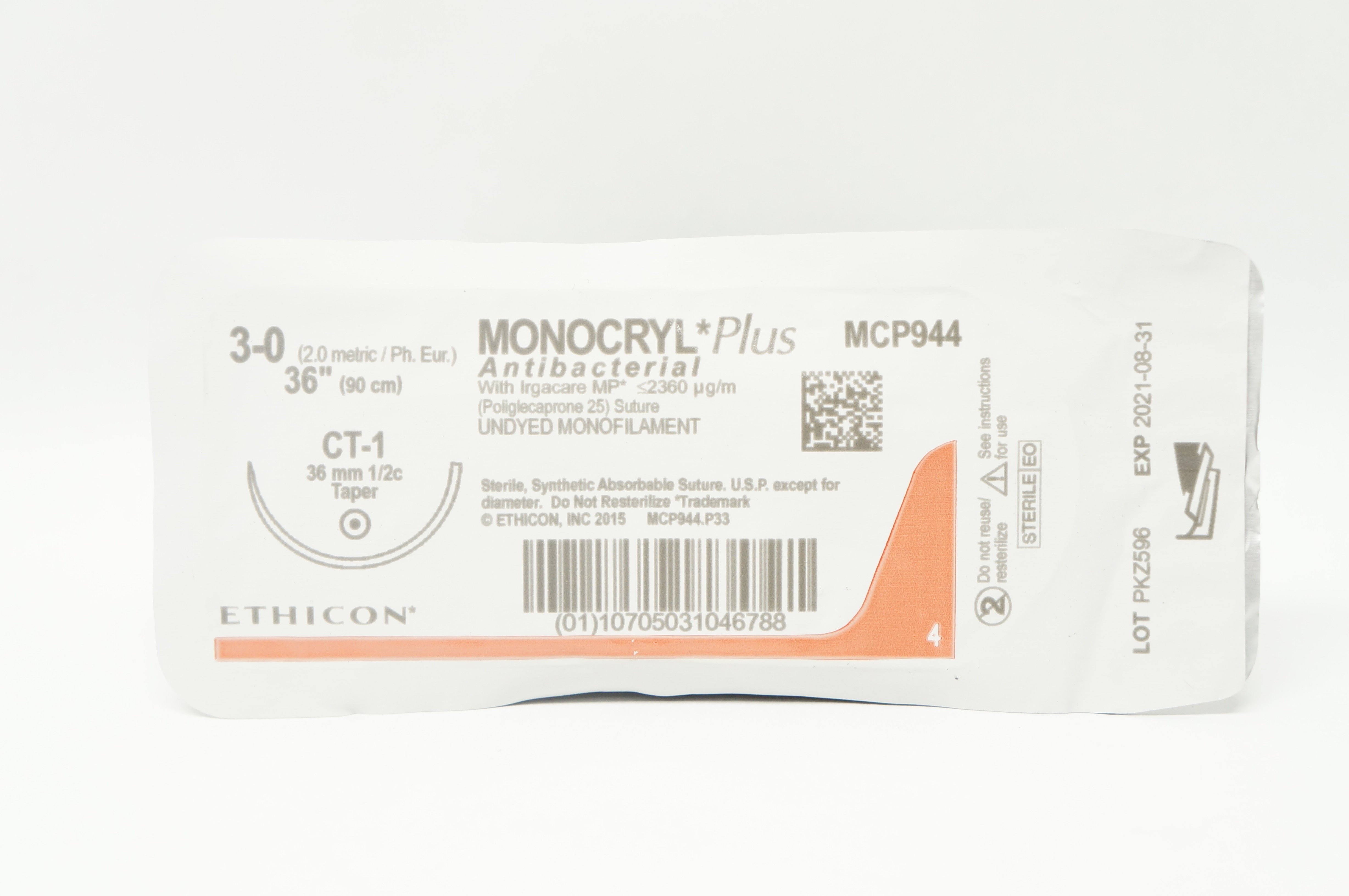 Ethicon MCP944 3-0 MONOCRYL Plus CT-1 36mm 1/2c 36inch (x)
