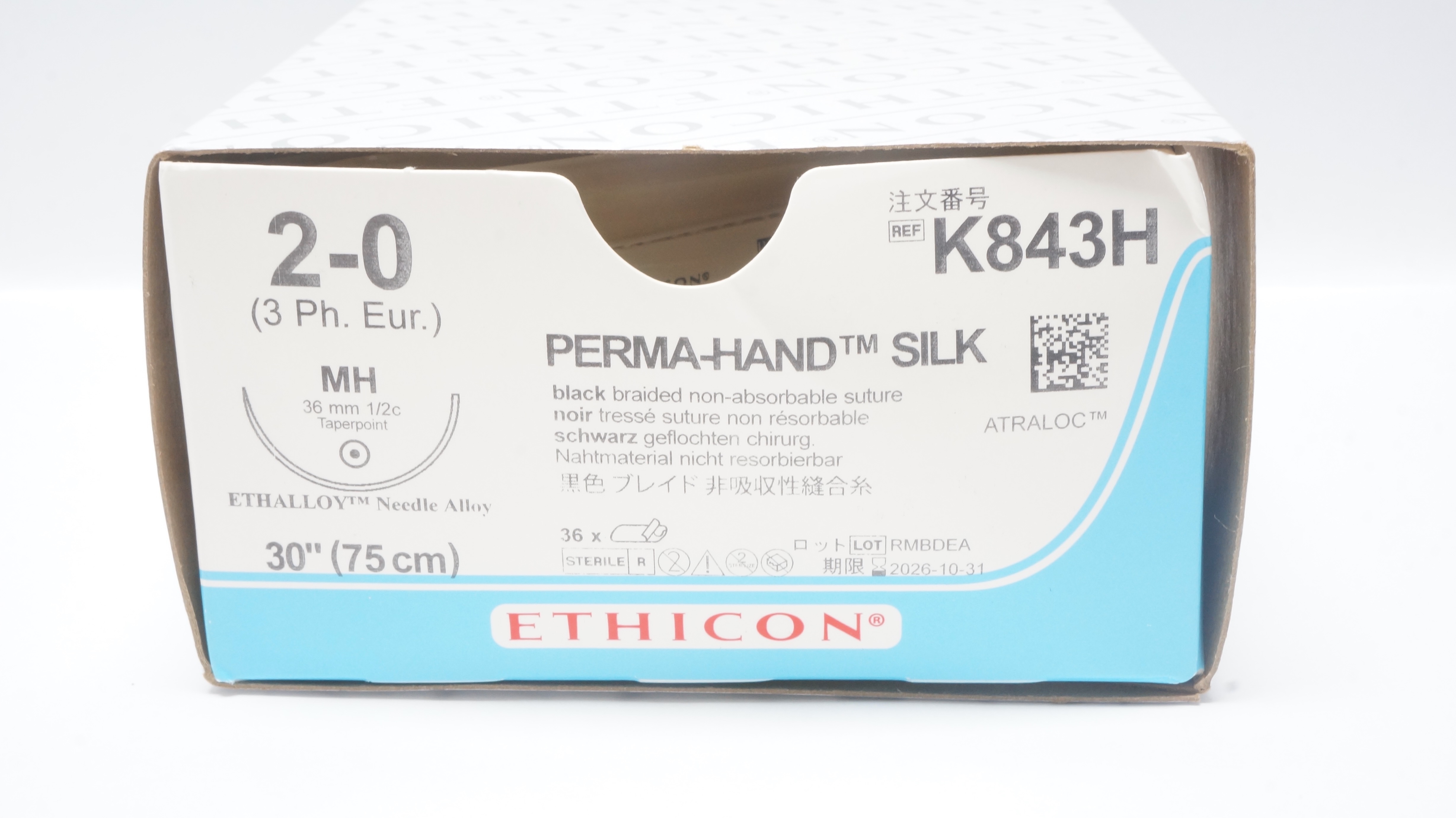 Ethicon K843H 2-0 Perma-Hand Stre MH 26mm 1/2c Taperpoint 30inch - Box of 22