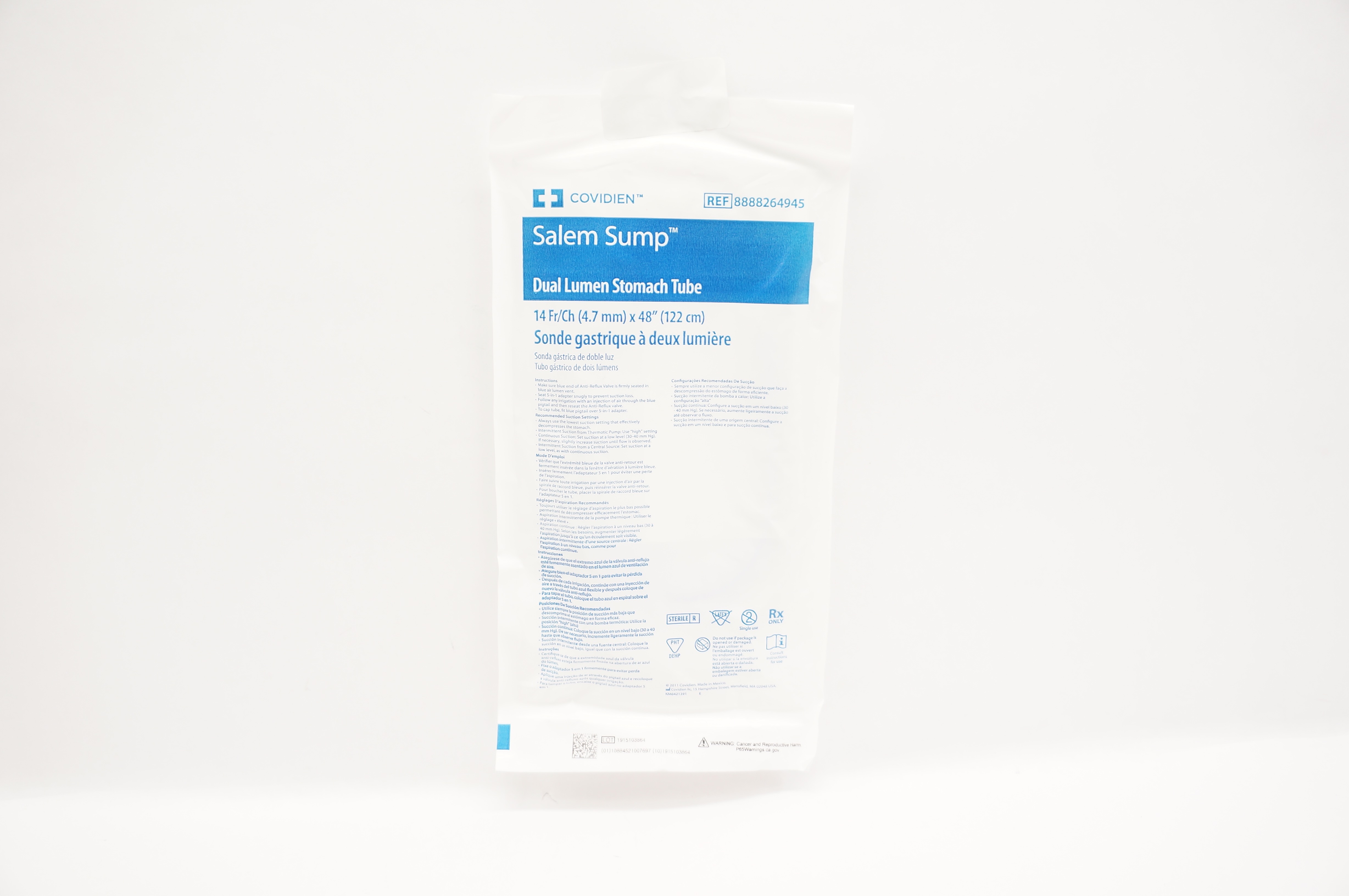 Covidien 8888264945 Salem Sump Dual Lumen Stomach Tube 14Fr/Ch x 48 inch
