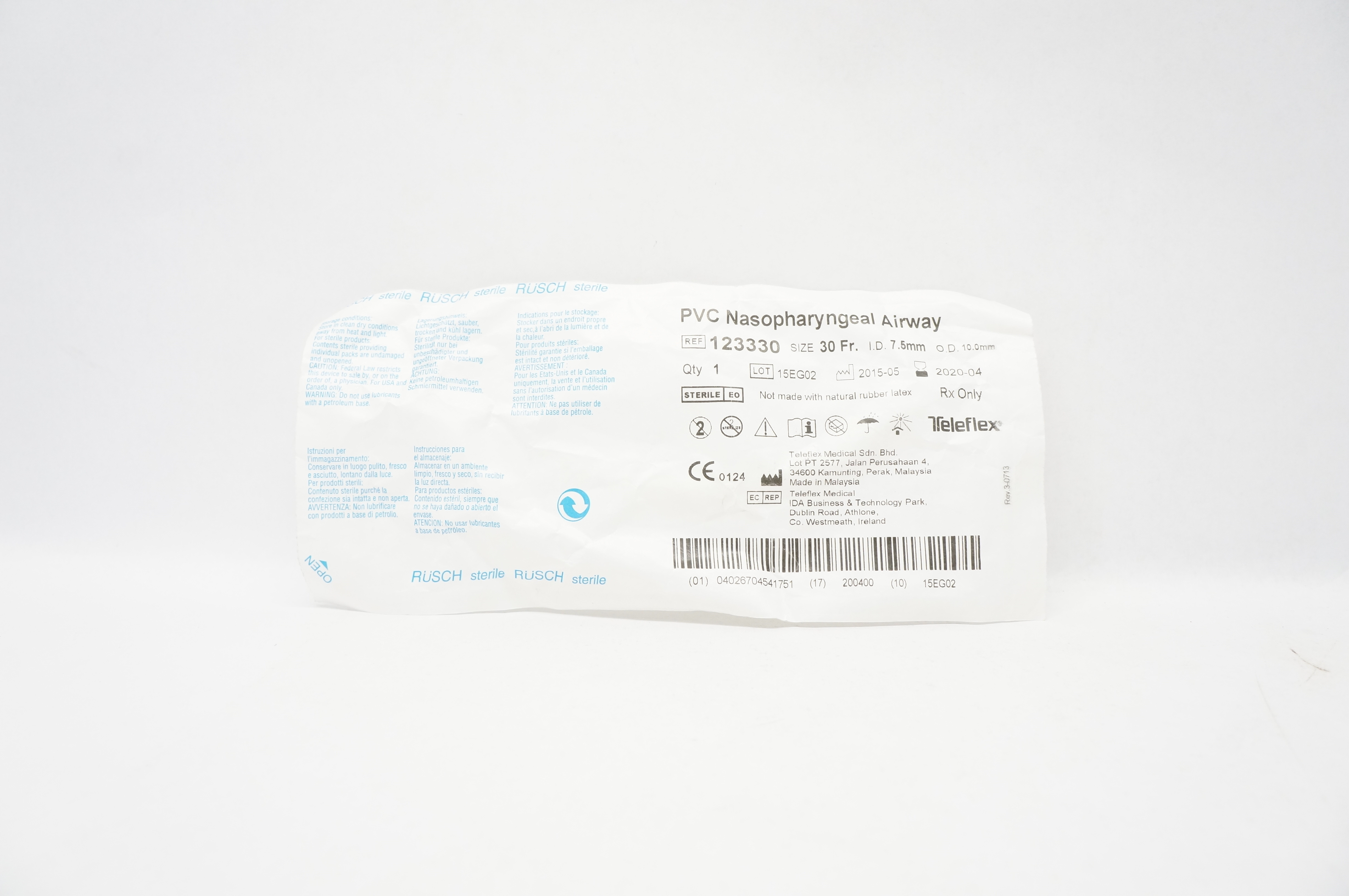 Teleflex 123330 PVC Nasopharyngeal Airway 30 Fr. x 7.5 mm x 10.0mm (x)
