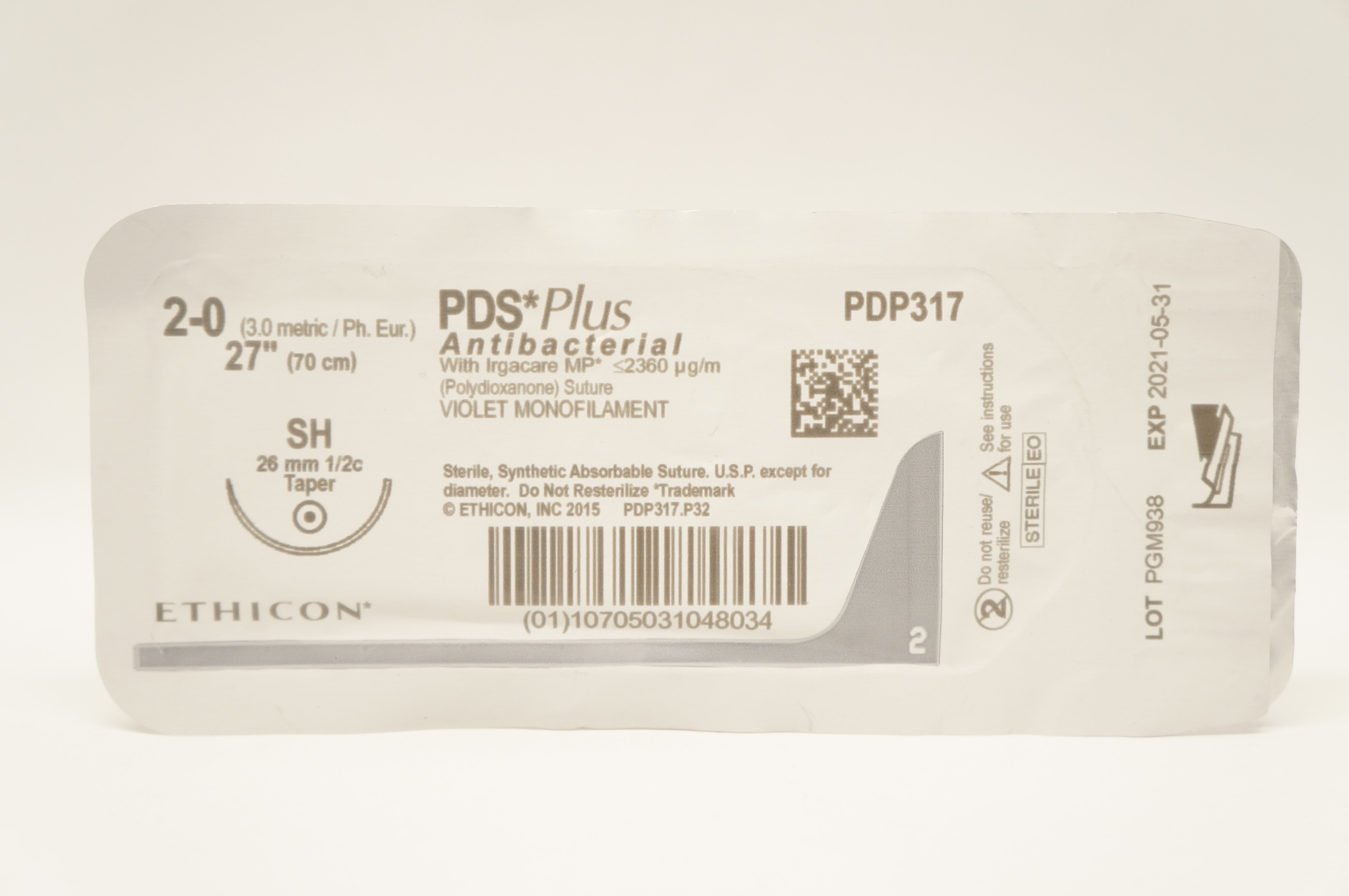 Ethicon PDP317 2-0 PDS Plus Antibacterial Stre SH 26mm 1/2c Taper, 27inch (x)