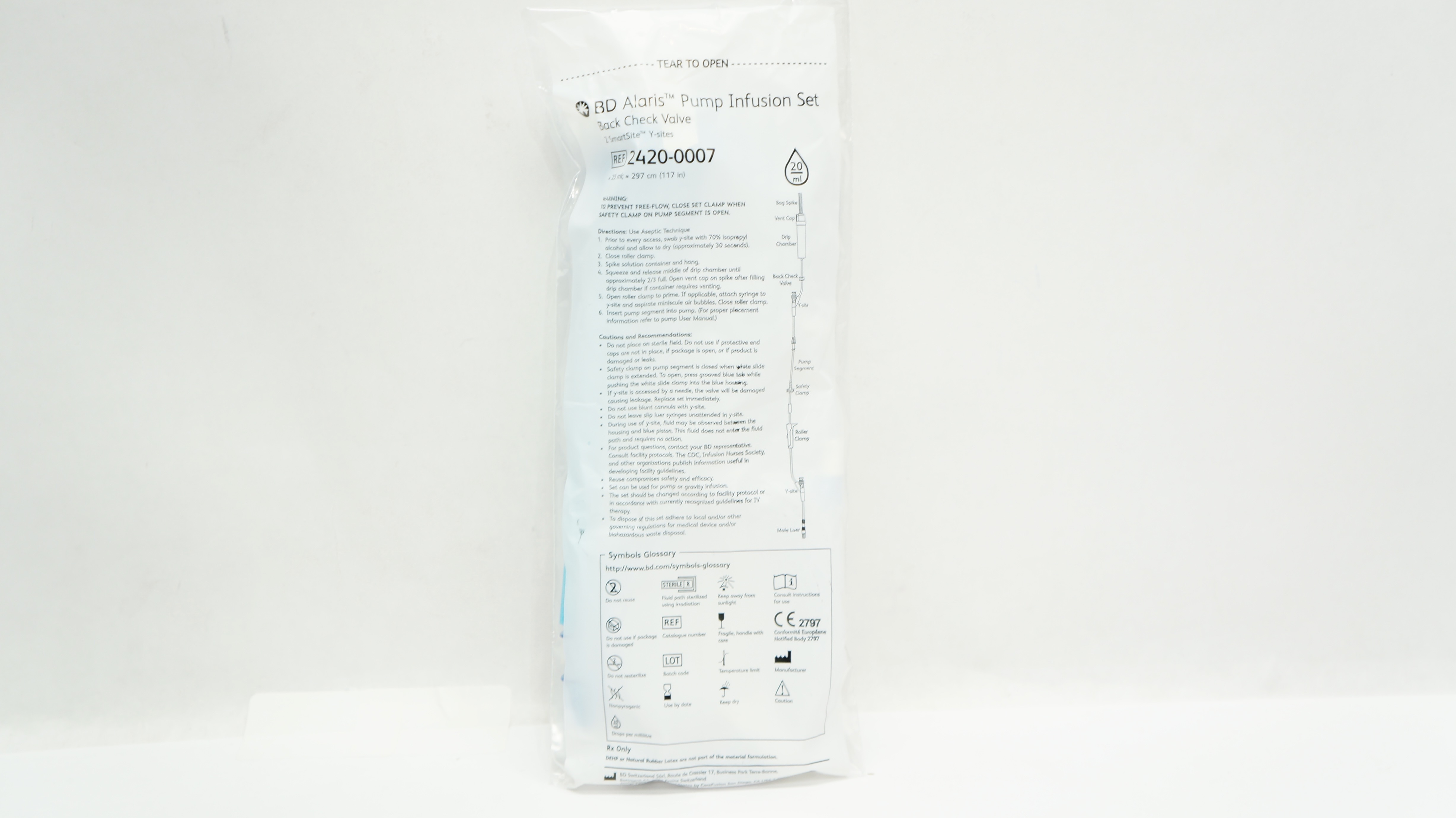 BD 2420-0007 Alaris Pump Infusion Set Back Check Valve 117inch x 25ml 20Drops/ml