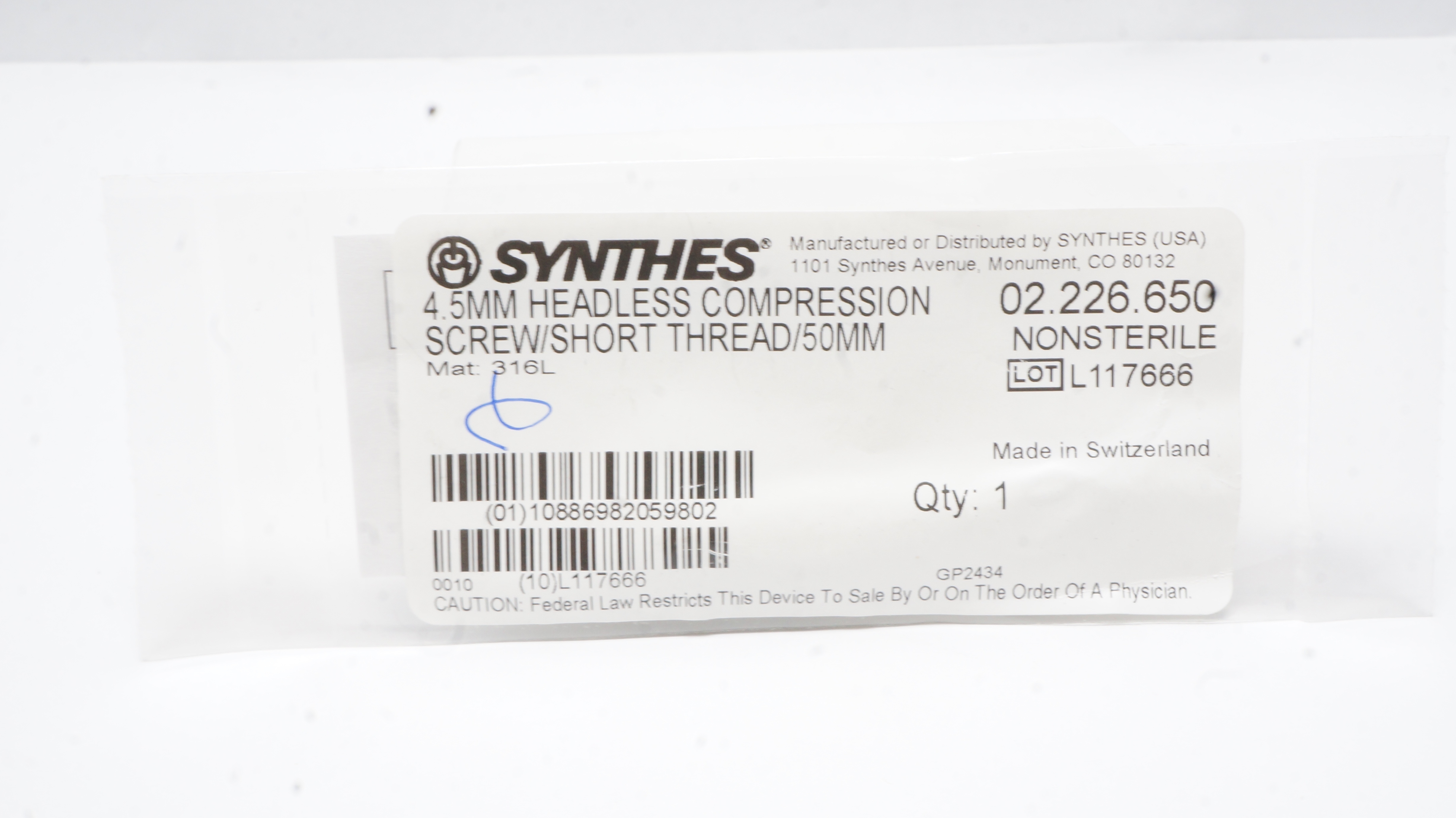 Synthes 02.226.650 4.5mm Headless Compression Screw/Short Thread/50mm