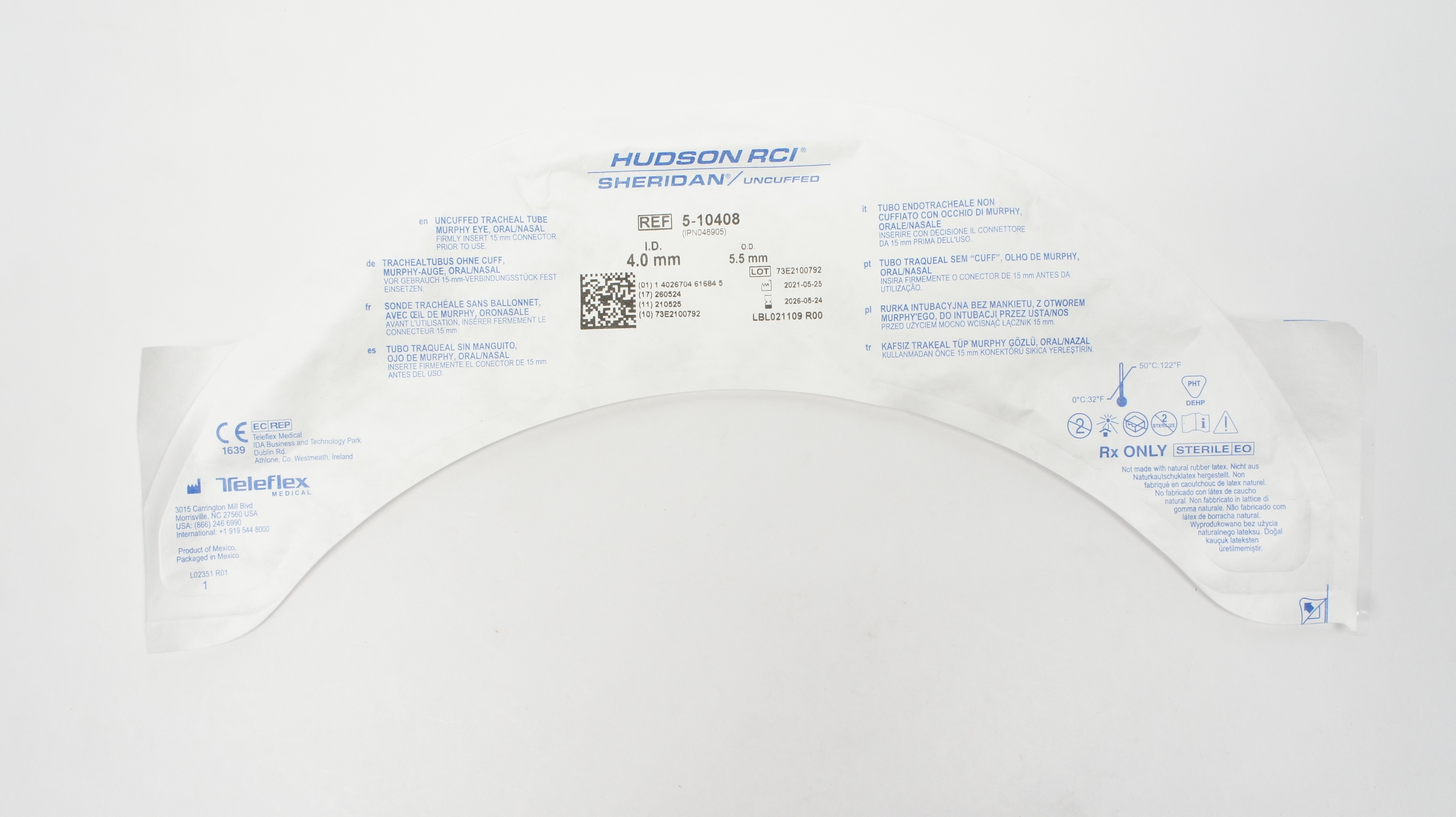 Teleflex 5-10408 Hudson RCI Sheridan Uncuffed Tracheal Tube 4.0mm x 5.5mm