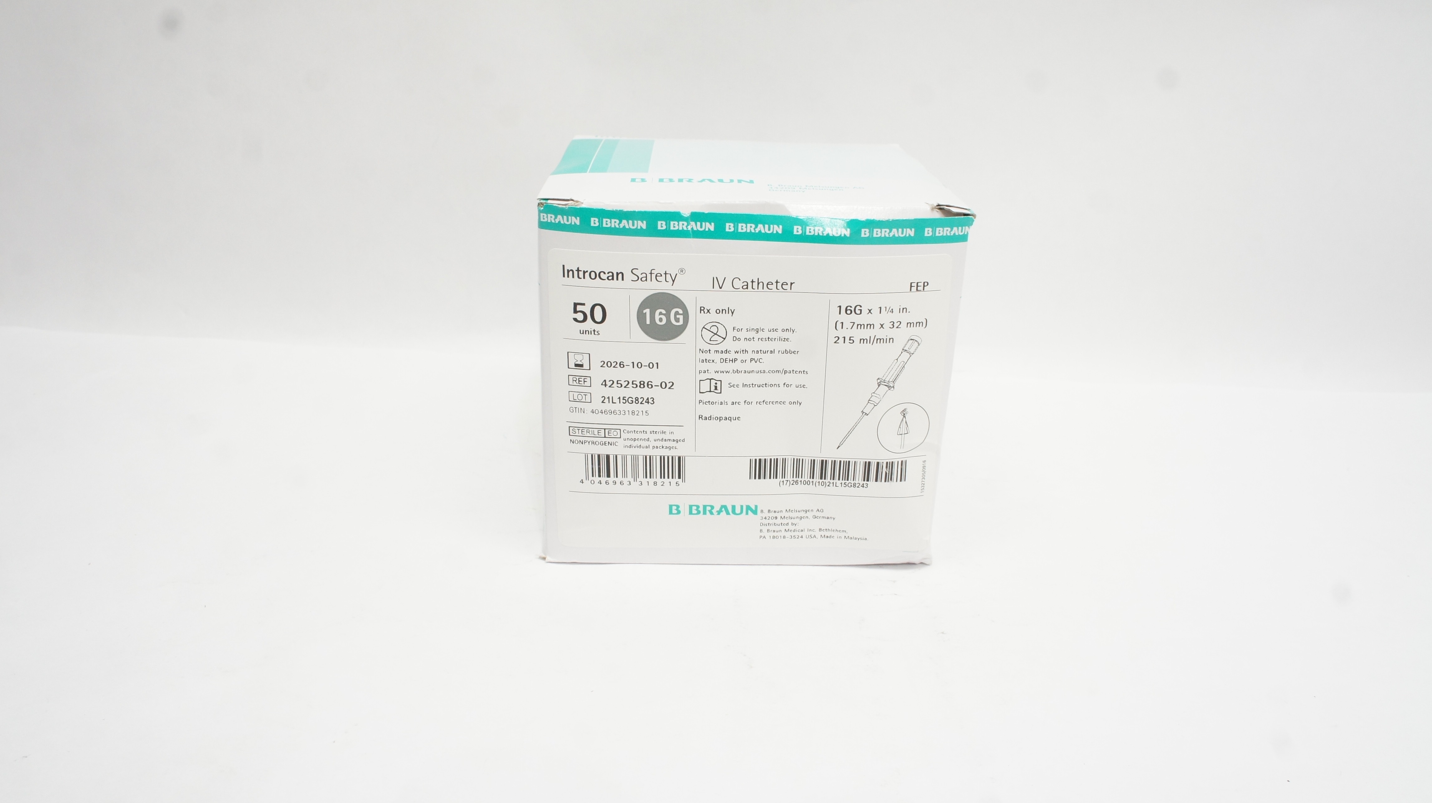 Braun 4252586-02 Introcan Safety IV Cath. 16G x 1-1/4inch 215ml/min - Box of 50