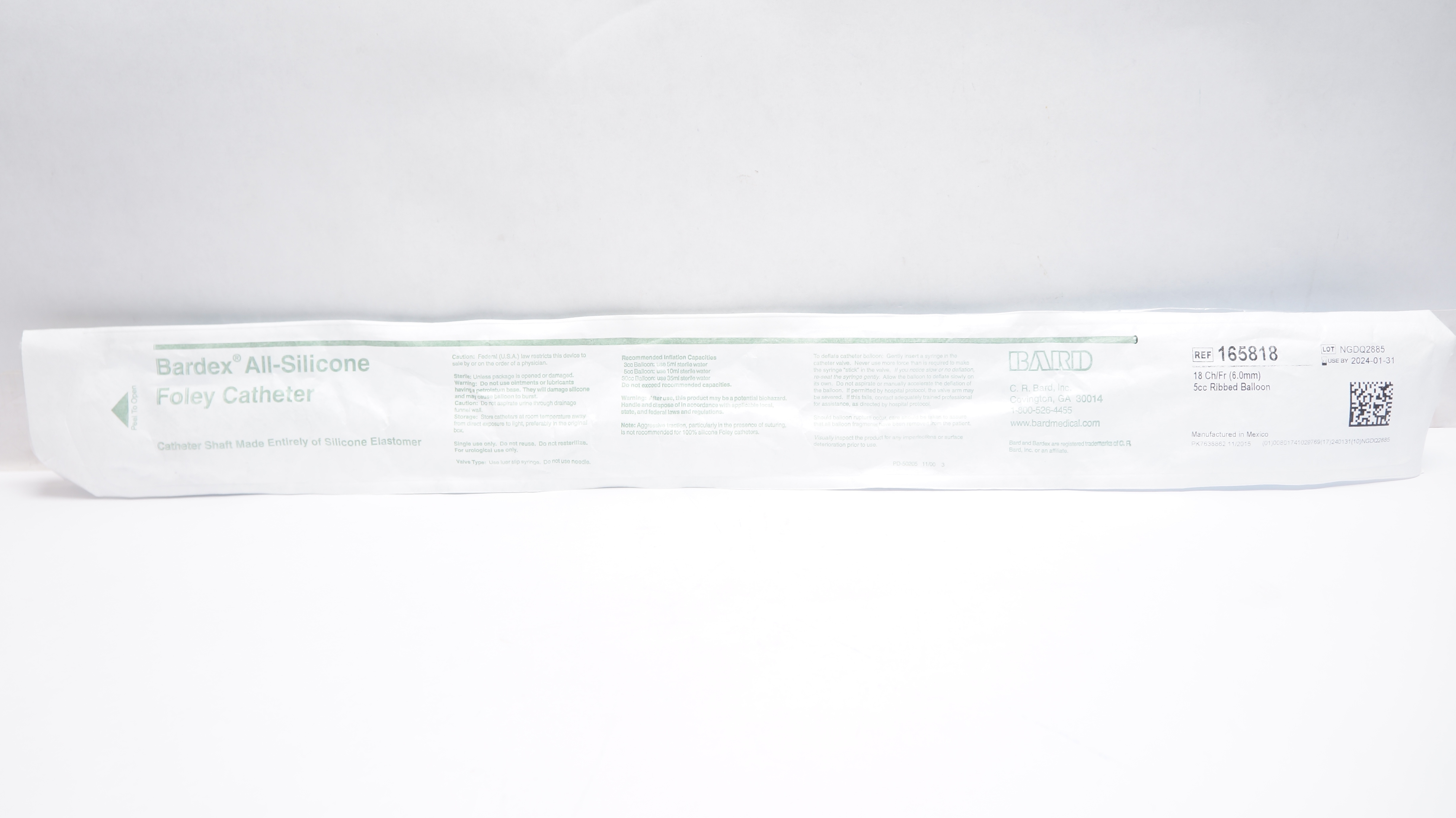 Bard 165818 All-silicone Foley Cath. 18Ch/Fr 5cc Ribbed Balloon (x)