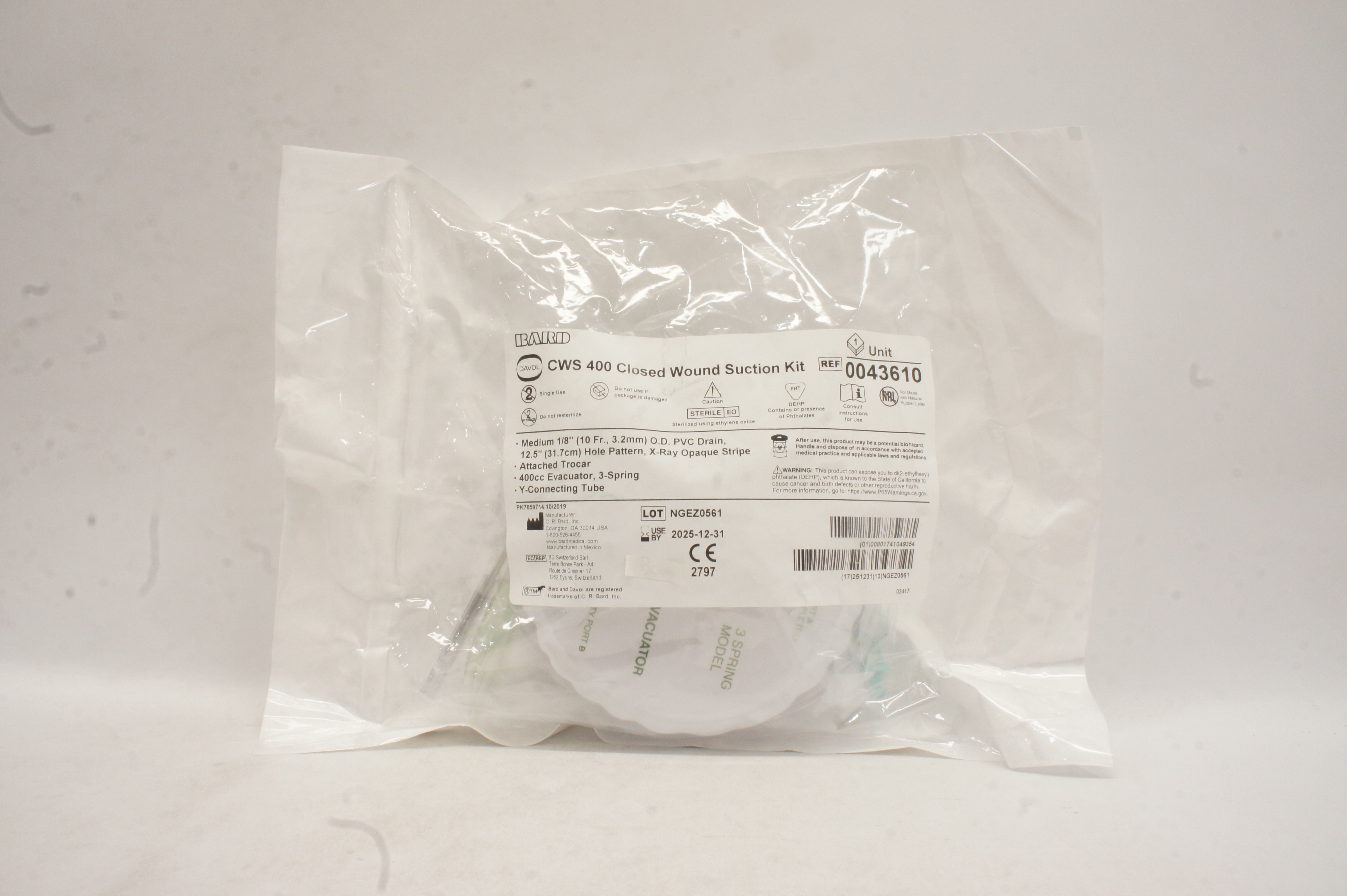 Bard 0043610 Davol CWS 400 Closed Wound Suction Kit